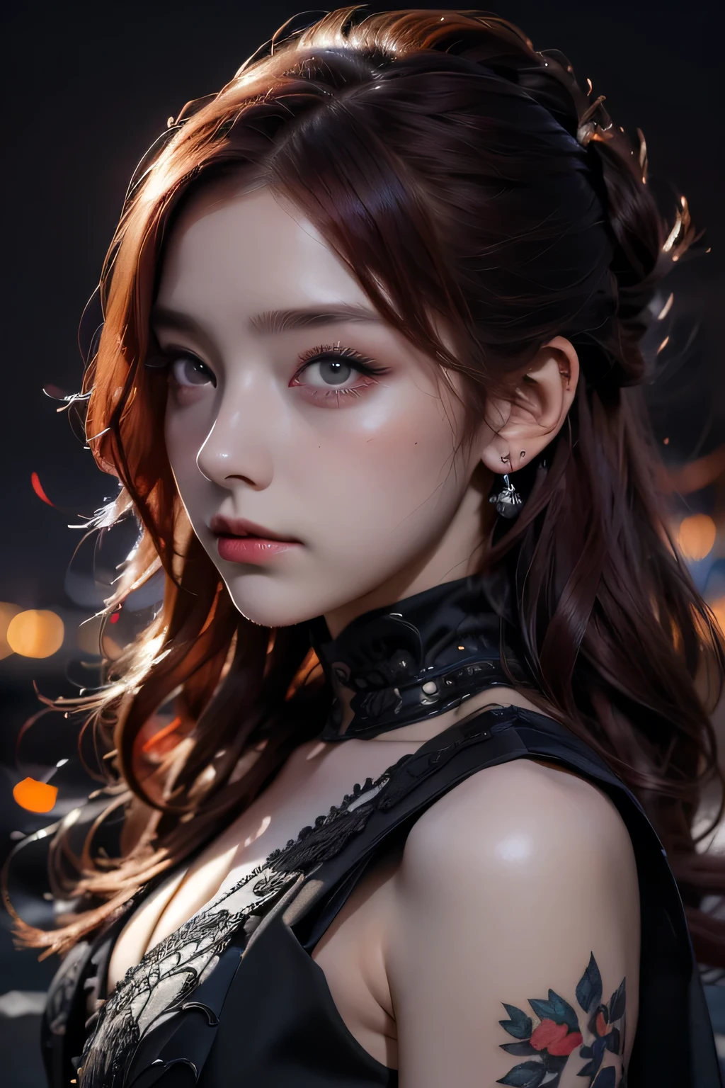 Beautiful woman with red hair and bright black eyes, Wear elegant party clothes, Scattered outlines and night sky background, Intricate details, Modest, watercolor, splash、masterpiece, 最high quality, high quality, High resolution, Gothic ta, (((Upper body portrait)))