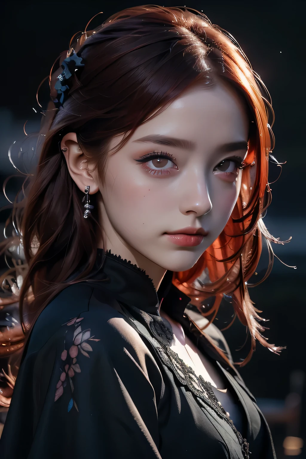 Beautiful woman with red hair and bright black eyes, Wear elegant party clothes, Scattered outlines and night sky background, Intricate details, Modest, watercolor, splash、masterpiece, 最high quality, high quality, High resolution, Gothic ta, (((Upper body portrait)))