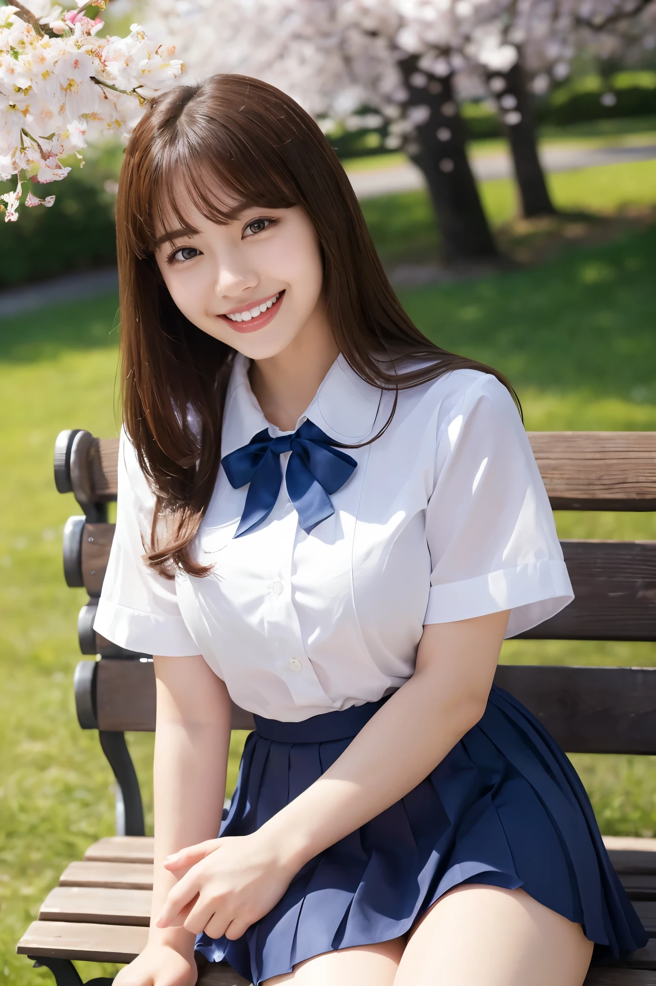 (highest quality、Tabletop、8k、Best image quality、Award-winning works)、One high school girl、16 years old、(alone:1.1)、Perfect beautiful composition、(Large Breasts:1.2)、(Accentuate your body lines:1.1)、Voluptuous body、(A perfect and accurate white polyester shirt:1.1)、(Navy Pleated Skirt:1.1)、(uniform ribbon on chest:1.1)、(sitting on a park bench:1.1)、(Thick legs:1.2)、(One of the most natural and perfect benches:1.2)、(The most accurate bench, Perfectly crafted:1.1)、(The biggest smile is looking at me:1.1)、(Smiling with perfect beautiful teeth:1.1)、(Beautiful park background with strong blur:1.1)、The most natural and perfect beauty park、Perfectly maintained park、Standing Elegantly、Natural Makeup、(美しいThick legs:1.2)、Ultra-high definition beauty face、Ultra HD Hair、Ultra HD Shining Eyes、(Ultra-high resolution glossy skin:1.1)、Super high quality glossy lip、(Accurate anatomy:1.1)、(very bright and vivid:1.1)、Cherry tree in the distance、(Perfect and precise hands:1.2)