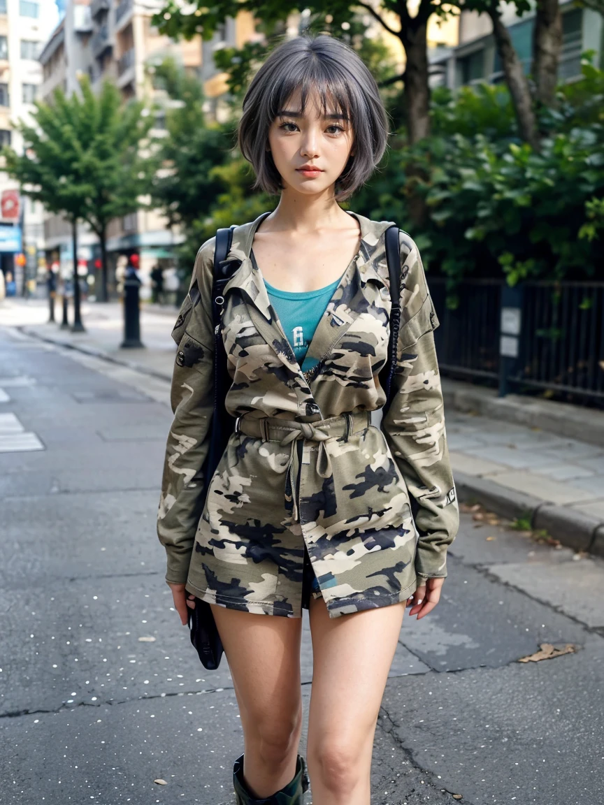 (1 lady), (Best quality at best:1.4), (ultra - detailed), (extremely detailed CG unified 16k), A Beautiful Woman with Perfect Figure: 1.4, Sharp Focus: 1.2, very detailed, High-definition RAW color photo, professional photoshooting, amazing face and eyes, cosmetics, (amazingly beautiful girl), ((yuki)), ((winter clothes, green brown black woodland camo bdu shirt, pixelated black and white combat boots camo pattern)), standing, sexyposture，(Stylish urban landscape, day light), (look from down), realistic cinematic face, head to feet long wide zoomed out view, full body long view, photorealistic, ((realistic natural grayish purple hair style, yellowish eyes)), gorgeous, extremely beautiful face, perfect model beauty, pout mouth, Highly Detailed Face and Skin Texture, Detailed Eyes, Double Eyelids, Big Breasts, inexpressive face, cleavages, western, (masterpiece), best quality, high resolution, extremely detailed, blurred background, depth of field, cinematic lighting, amazing legs, clear and well-cared skin
