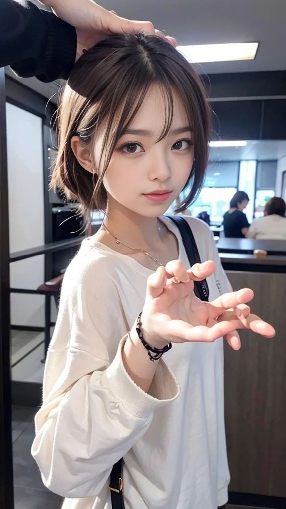 (Surreal) , (Like the picture:1.4),(Increase the resolution), (8k), (Very detailed), (Beautiful and fine details), (highest quality), (Ultra-detailed), (masterpiece), (wallpaper), (Detailed face), solo,1 girl, perfect beautiful japanese woman:1.4、19 years old、Looking at the audience, Subtle details, Detailed face, Cloudy, Deep Shadow, A gentle smile,Short hair white color,My hair is messy,Looking up,(Tight T-shirt :1.2),Background is night,Camera angle high angle,Various poses,necklace,Attractive face, Medium chest, Dynamic pose,