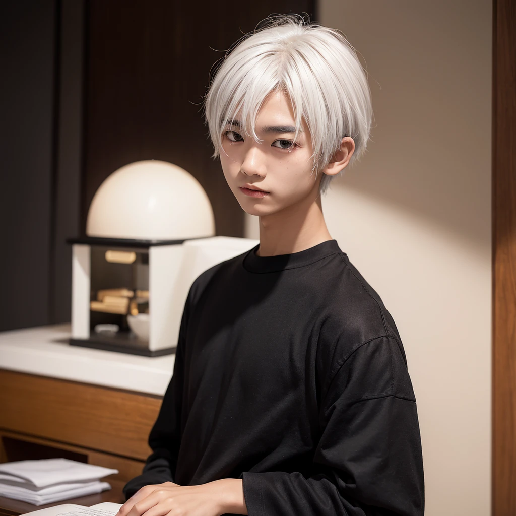 One Japanese boy, teenage, tan skin, white hair, black eyes, black eyebrows, black shirt
