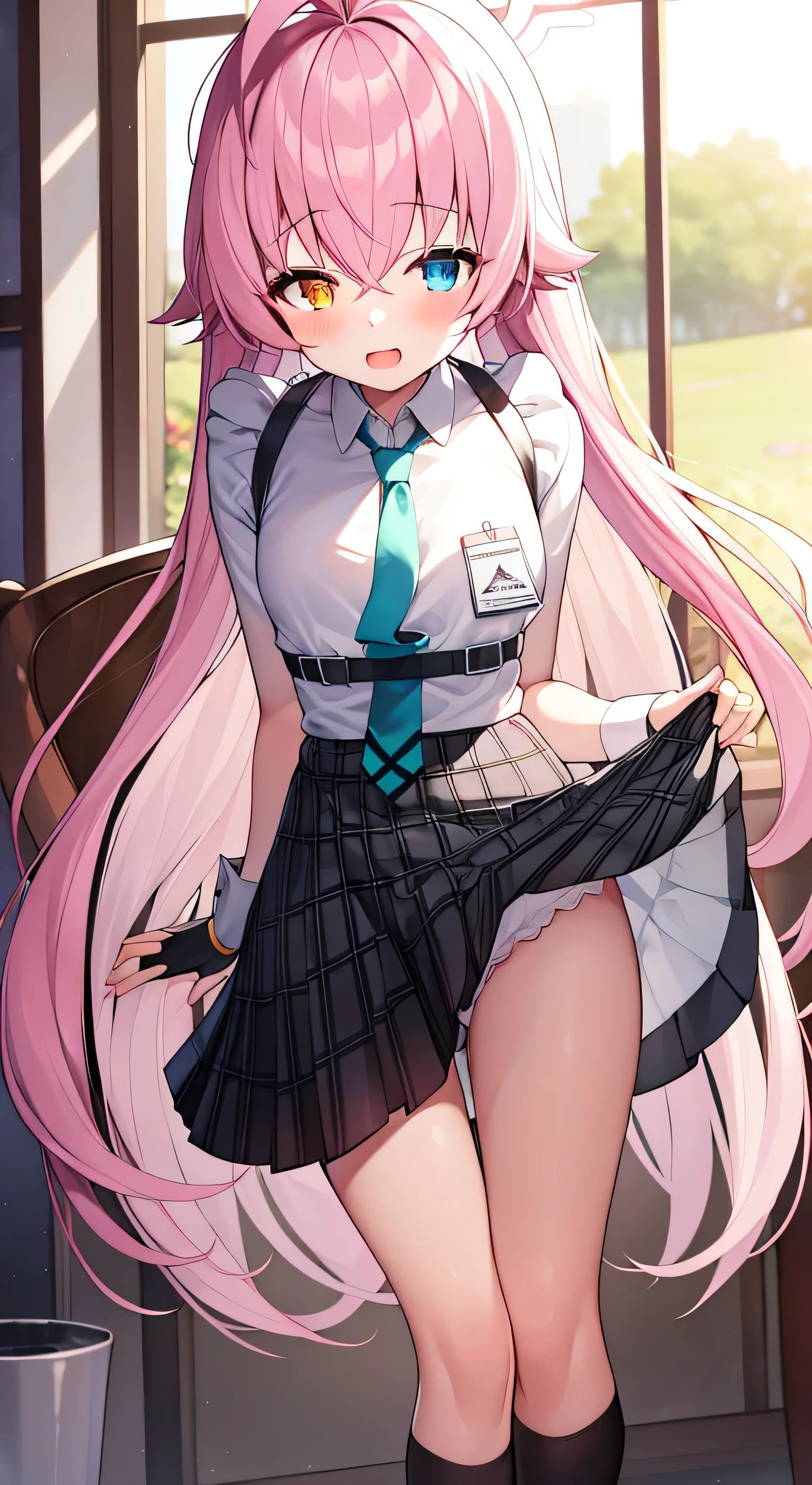 1 girl, , Solitary, Lift your legs, long_hair, skirt, pink_hair, maid_hat, Watching_Take a step back, Watching_Shown in_Peeping at the audience, By Bangs, Black_Lift your legs, blush, Black_skirt, he himself, short_sleeve, clothing_rising, wrist_cuff, Deco, skirt_rising, Large_, risinged_Pasado_self expression, Translucent liquid from_Shown in the back, maid, Fluffy_short_sleeve, Side Chain, Fluffy_sleeve, crop_top, blunt_By Bangs, , careful_mgo outh, Large Legs, Black_With eyes, chair, Kneel down, Frilly_skirt, _go out, Shown in the room, window,
