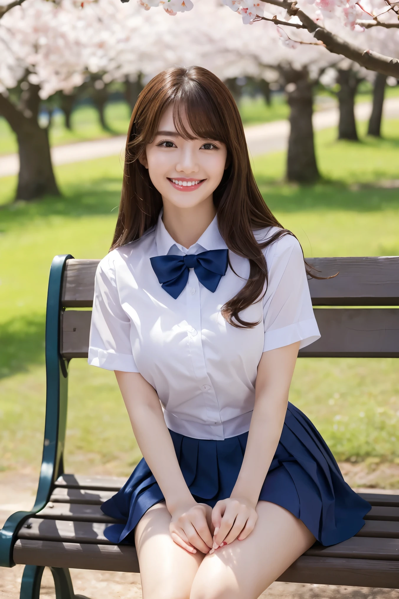 (highest quality、Tabletop、8k、Best image quality、Award-winning works)、One high school girl、16 years old、(alone:1.1)、Perfect beautiful composition、(Large Breasts:1.2)、(Accentuate your body lines:1.1)、Voluptuous body、(A perfect and accurate white polyester shirt:1.1)、(Navy Pleated Skirt:1.1)、(uniform ribbon on chest:1.1)、(sitting on a park bench:1.1)、(Thick legs:1.2)、(One of the most natural and perfect benches:1.2)、(The most accurate bench, Perfectly crafted:1.1)、(The biggest smile is looking at me:1.1)、(Smiling with perfect beautiful teeth:1.1)、(Beautiful park background with strong blur:1.1)、The most natural and perfect beauty park、Perfectly maintained park、Standing Elegantly、Natural Makeup、(美しいThick legs:1.2)、Ultra-high definition beauty face、Ultra HD Hair、Ultra HD Shining Eyes、(Ultra-high resolution glossy skin:1.1)、Super high quality glossy lip、(Accurate anatomy:1.1)、(very bright and vivid:1.1)、Cherry tree in the distance、(Perfect and precise hands:1.1)