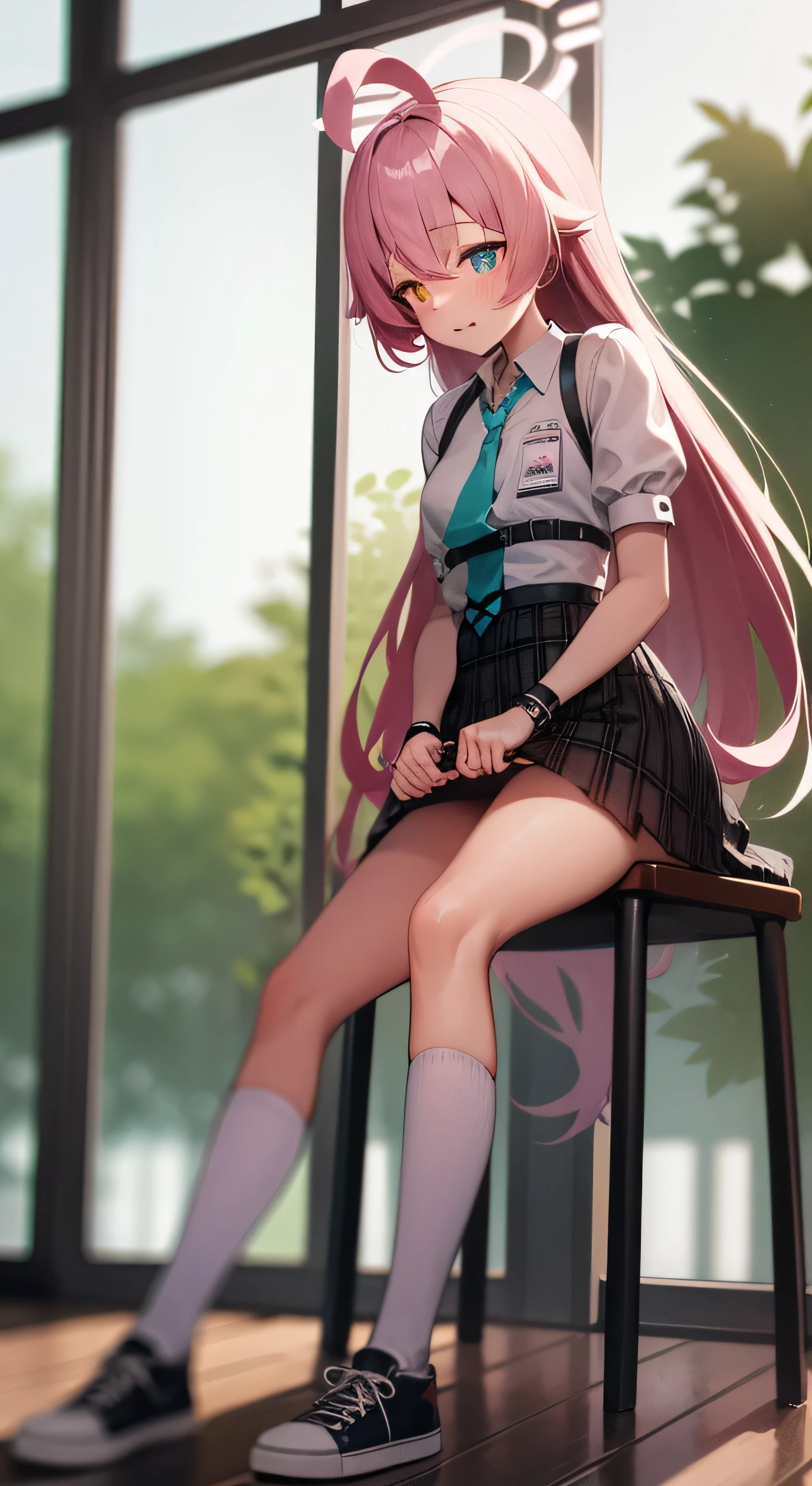 1 girl, , Solitary, Lift your legs, long_hair, skirt, pink_hair, maid_hat, Watching_Take a step back, Watching_Shown in_Peeping at the audience, By Bangs, Black_Lift your legs, blush, Black_skirt, he himself, short_sleeve, clothing_rising, wrist_cuff, Deco, skirt_rising, Large_, risinged_Pasado_self expression, Translucent liquid from_Shown in the back, maid, Fluffy_short_sleeve, Side Chain, Fluffy_sleeve, crop_top, blunt_By Bangs, , careful_mgo outh, Large Legs, Black_With eyes, chair, Kneel down, Frilly_skirt, _go out, Shown in the room, window,