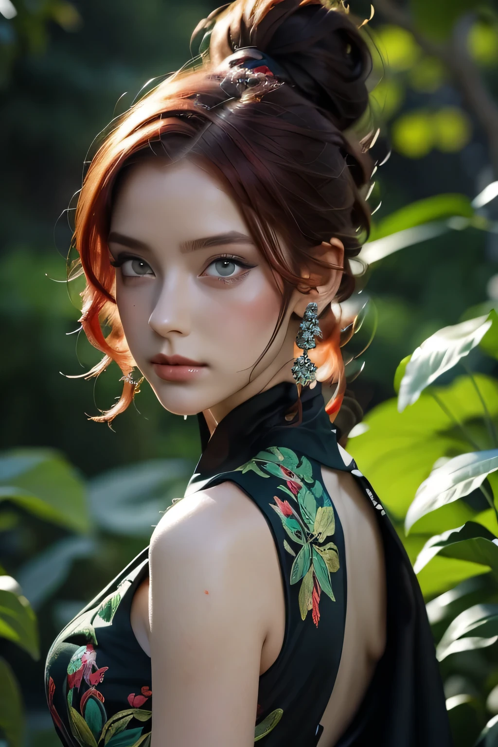 Black woman with red hair and bright green eyes, Wear elegant party clothes, Scattered outlines and background, Intricate details, Modest, watercolor, splash