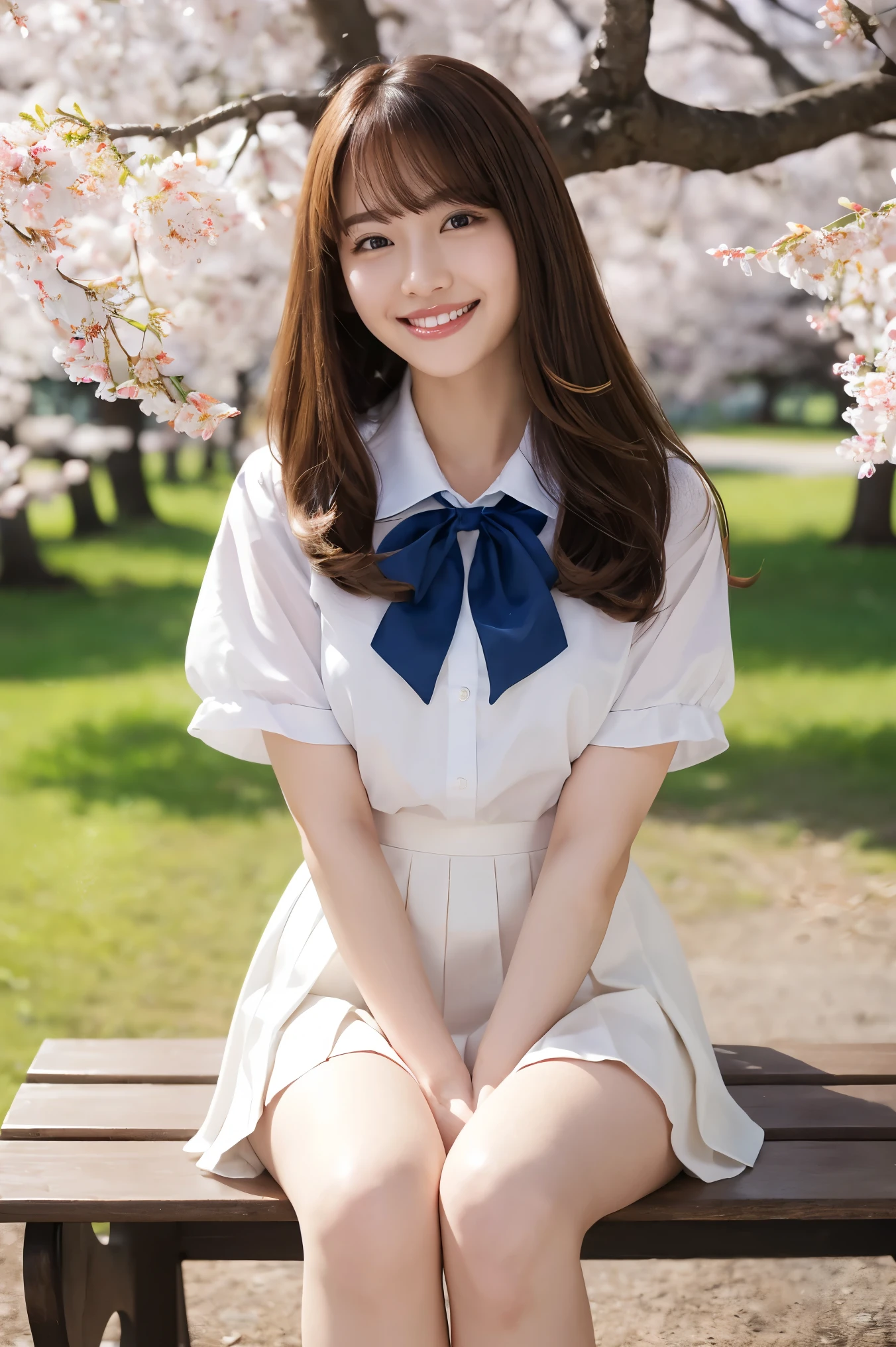 (highest quality、Tabletop、8k、Best image quality、Award-winning works)、One high school girl、16 years old、(alone:1.1)、Perfect beautiful composition、(Large Breasts:1.2)、(Accentuate your body lines:1.1)、Voluptuous body、(A perfect and accurate white polyester shirt:1.1)、(Navy Pleated Skirt:1.1)、(uniform ribbon on chest:1.1)、(sitting on a park bench:1.1)、(Thick legs:1.2)、(One of the most natural and perfect benches:1.2)、(The most accurate bench, Perfectly crafted:1.1)、(The biggest smile is looking at me:1.1)、(Smiling with perfect beautiful teeth:1.1)、(Beautiful park background with strong blur:1.1)、The most natural and perfect beauty park、Perfectly maintained park、Standing Elegantly、Natural Makeup、(美しいThick legs:1.2)、Ultra-high definition beauty face、Ultra HD Hair、Ultra HD Shining Eyes、(Ultra-high resolution glossy skin:1.1)、Super high quality glossy lip、(Accurate anatomy:1.1)、(very bright and vivid:1.1)、Cherry tree in the distance、(Perfect and precise hands:1.1)