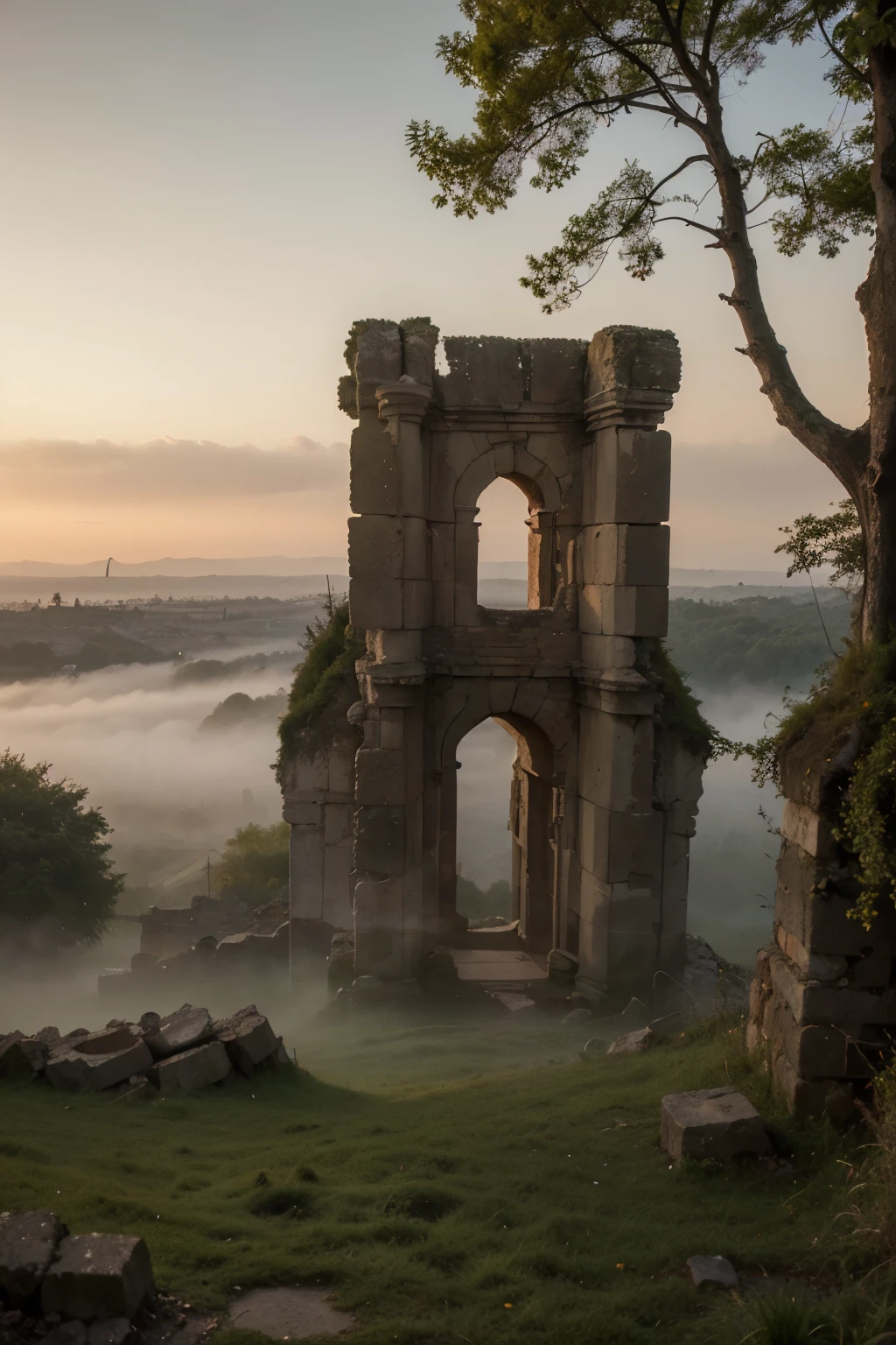 (best quality, masterpiece:1.2), detailed, Landscape, dawn, fog, mysterious, forest, vivid colors, soft lighting, serene atmosphere, tranquil mood, hazy silhouette, gentle brushstrokes, ((ruins of and old castle somewhere in the background))
