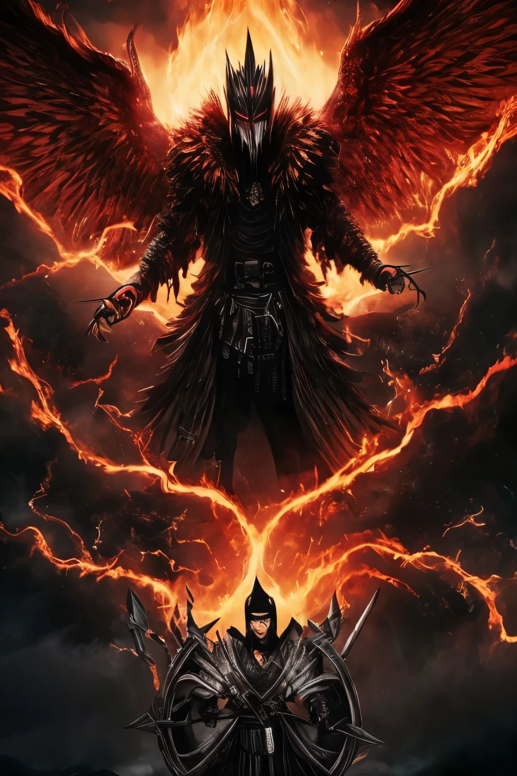 Dark and haunting depiction of a "Hell Raven Man Messenger" with a menacing atmosphere and intense lighting. Incorporate elements like black wings, glowing red eyes, fiery surroundings, cracked ground, billowing smoke, and a sense of despair and destruction.