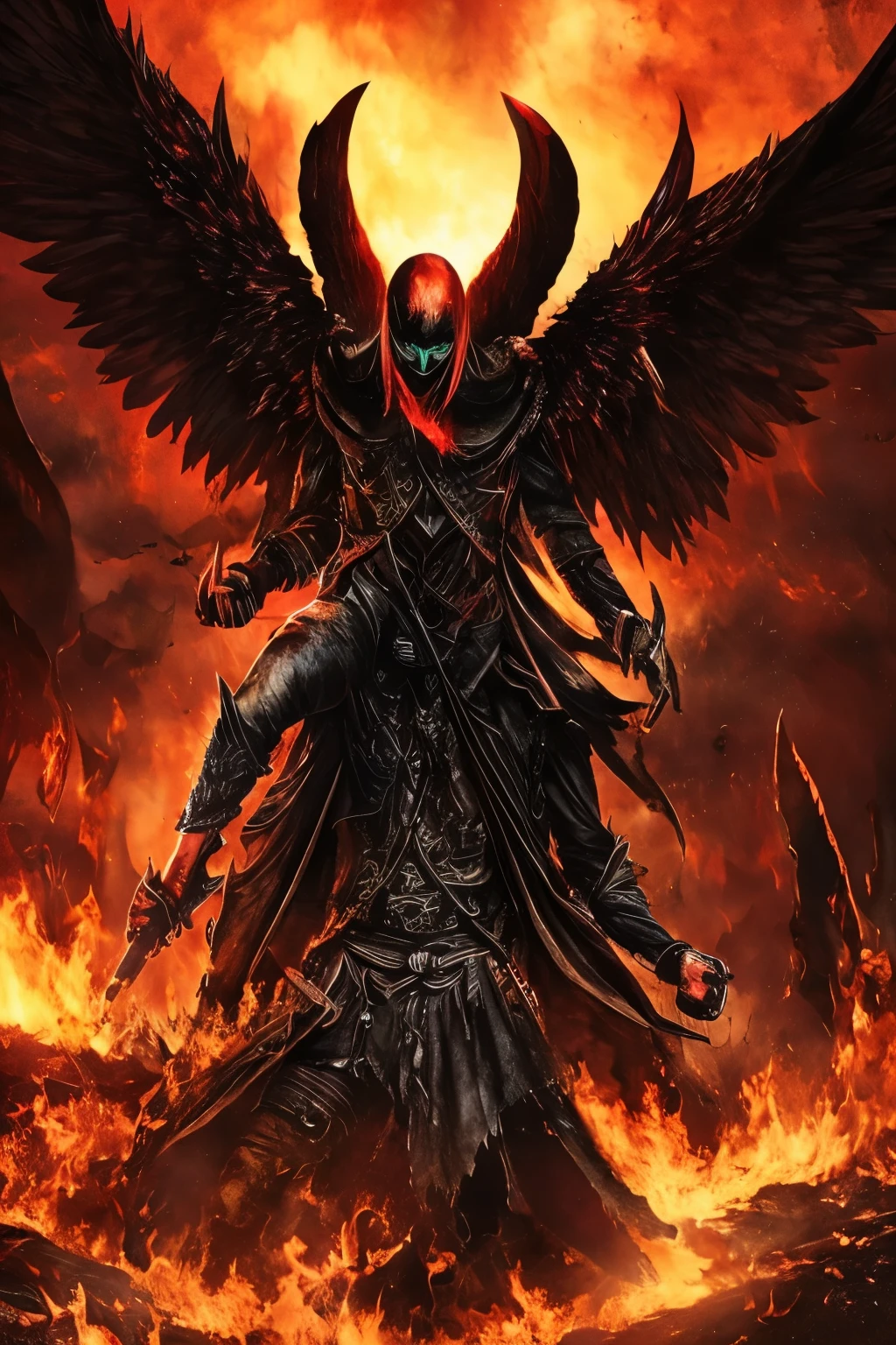 Dark and haunting depiction of a "Hell Raven Man Messenger" with a menacing atmosphere and intense lighting. Incorporate elements like black wings, glowing red eyes, fiery surroundings, cracked ground, billowing smoke, and a sense of despair and destruction.