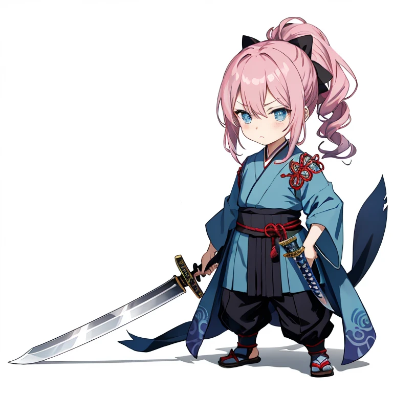 chibi character、black background、Female anime character in light blue and white costume holding a sword, long hair, 若いSwordsman, 腰まであるlong hair, Young shadow puppet warrior woman, Swordsman, girl, Fantasy, 銀髪のSwordsman, 痩せた女性のSwordsman,