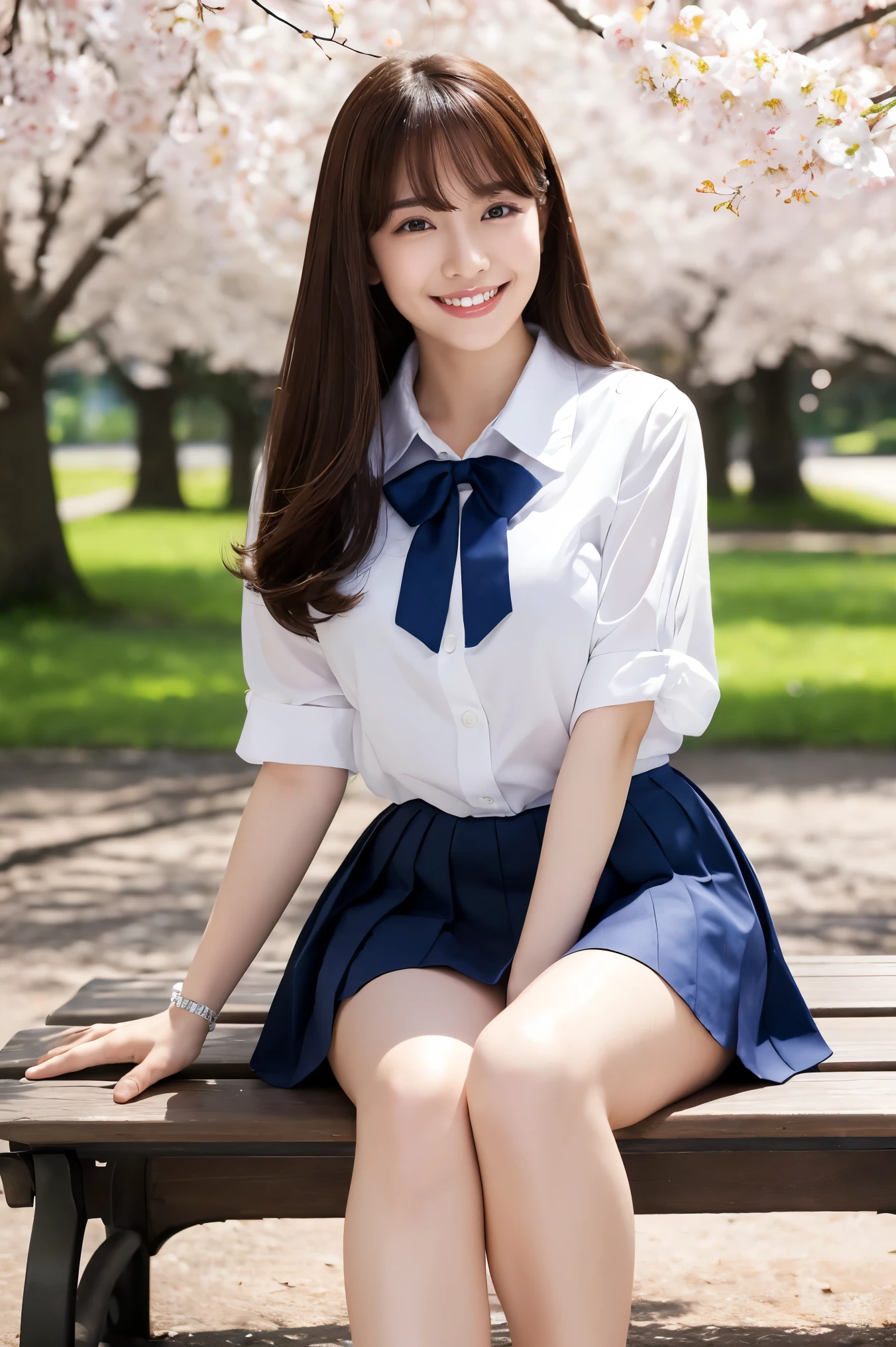 (1 girl), wonderful face and eyes, (big round eyes:1.15), (Highly detailed beautiful face), smile, (school uniform, pleated mini skirt:1.3), (school uniform with open breasts), (highest quality:1.4), (super detailed), (surreal, realistic:1.37), fair skin, Highly detailed CG integrated 8k wallpaper, RAW photo, professional photos, cinematic lighting, sitting, bench, spread your legs, (No panties:1.2), (cleft of venus:1.3), (Cherry Blossom), 