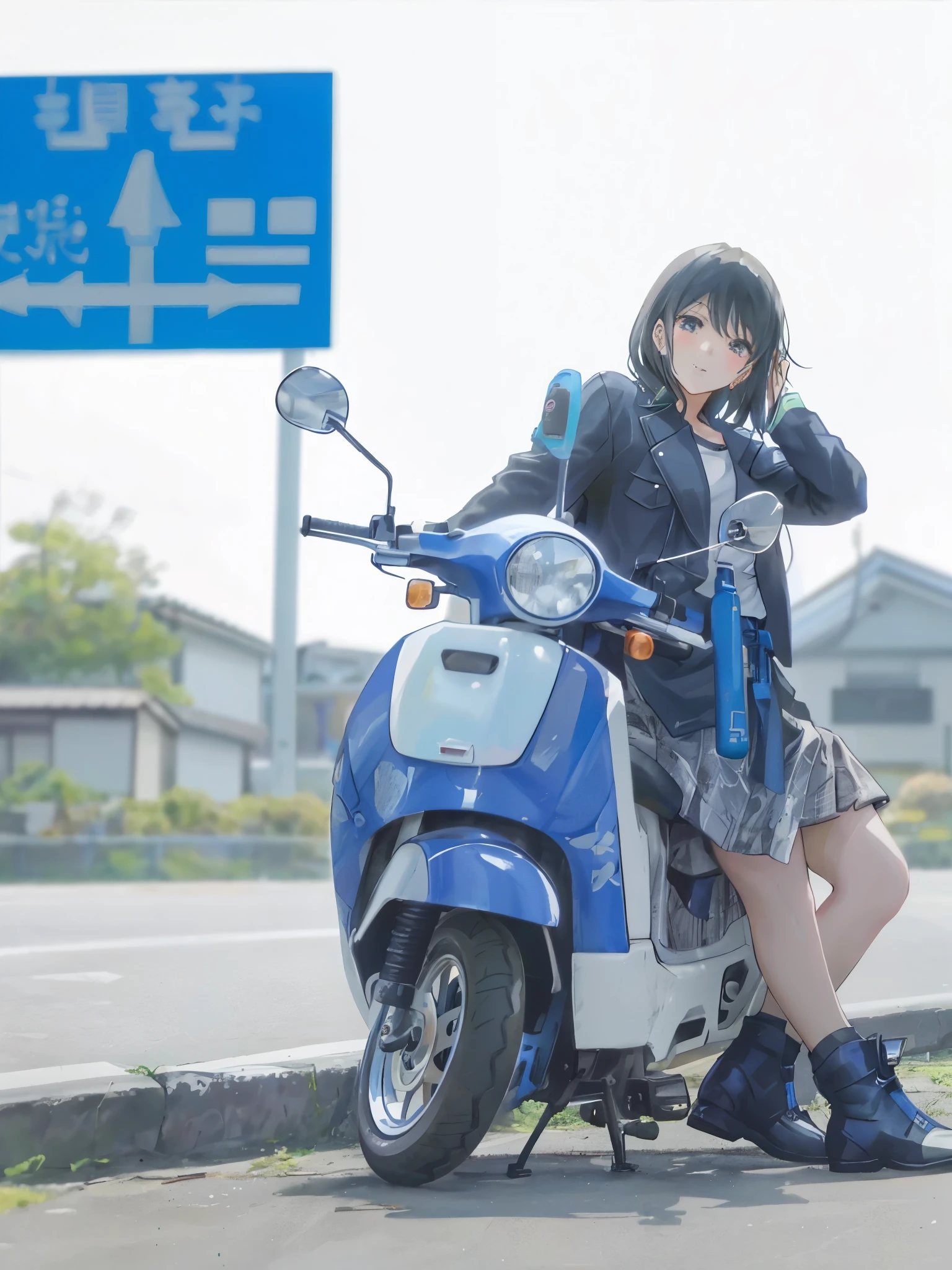 arafed woman sitting on a scooter on the side of the road, tsubasa nakai's style, sitting on a motorcycle, photoshoot, 🚿🗝📝, moped, chiho, yasumoto oka, handsome girl, casual pose, sakimichan, riding a motorcycle, motorcycle, japanese model, kimi takemura, beautiful image
