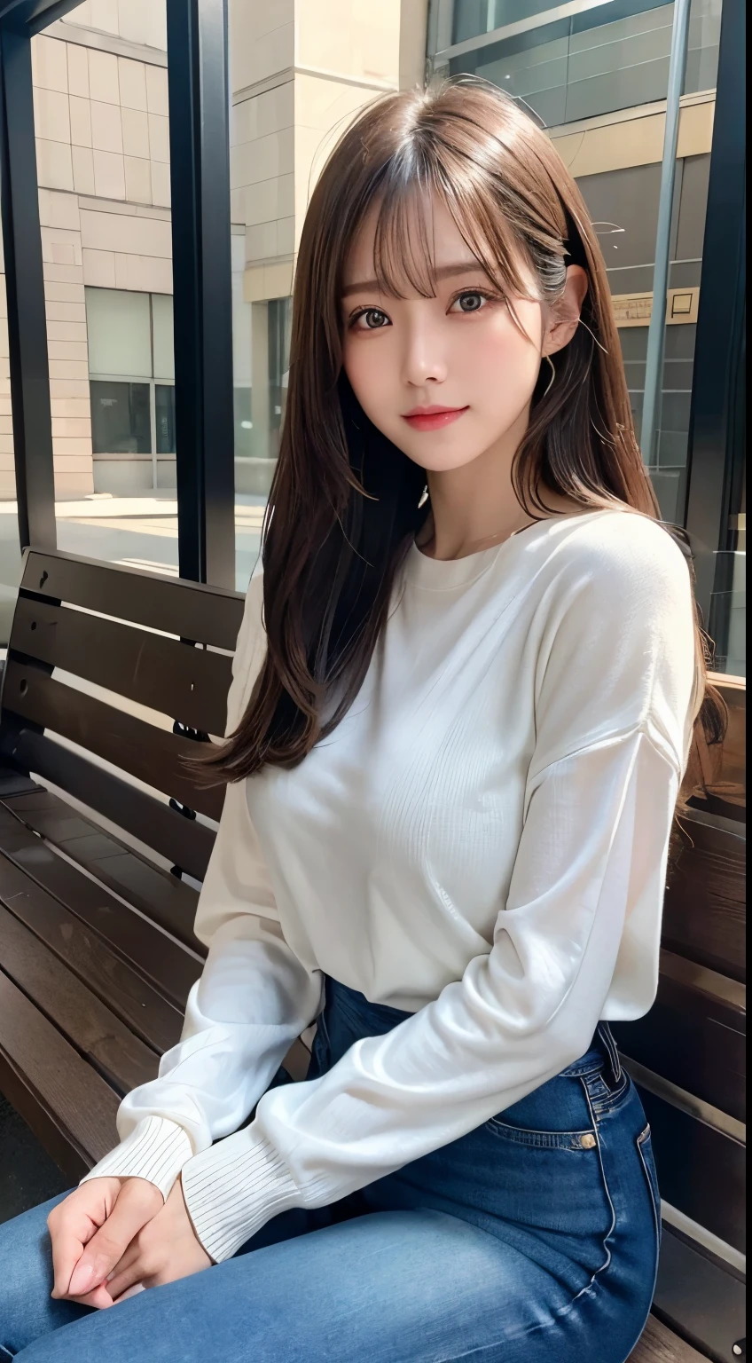 8K、masterpiece、Raw photo、highest quality、Photorealistic、High definition CG unity 8k wallpaper、Depth of written boundary、Cinematic Light、Lens flare、Ray Tracing、（Very beautiful face、Beautiful Lips）、Beautiful Eyes）、Faces with intricate details、 ((Super detailed skin)) 1 girl、smile、Black Back、Black Shadow、Knit shirt(Saggy breasts)、denim micro mini skirt、pantyhose(Real)、Brown hair long、(Iris 1.1)、Realな顔、On a bench to sit、Cowboy Shot、Unprotected lower body、Dramatic lighting、