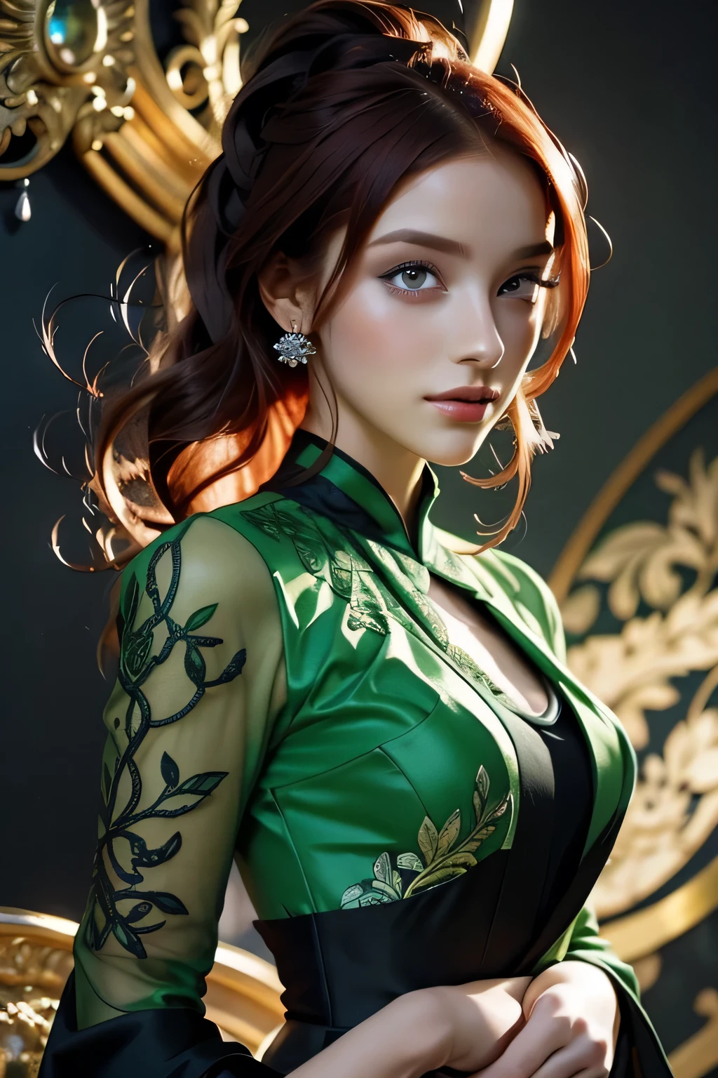 Black woman with red hair and bright green eyes, Wear elegant party clothes, Scattered outlines and background, Intricate details, Modest, watercolor, splash