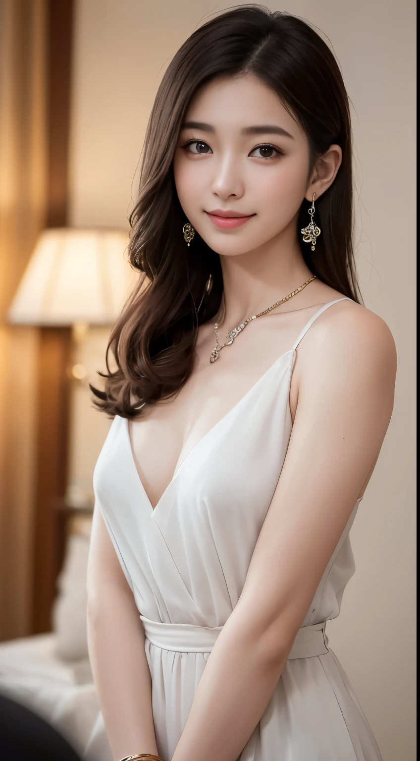 8k, Tabletop, RAW Photos, highest quality, Realistic, Highly detailed CG Unity 8k wallpaper, Written boundary depth, Cinematic Light, Lens flare, Ray Tracing, (Very beautiful face, Beautiful Lips, Beautiful Eyes), Intricately detailed faces, ((Highly detailed skin)) 1 female, In the Dark, Deep Shadow, cute, ((Looking at the audience)), (魅惑的なsmile), (Blurred Background), Earrings, bracelet, necklace, Clear Eyes, Bedroom, Front shot, (Pale skin), I'm looking forward to, (Big eyes), ((corset dress)), (Camel Toe, shape), (Big Breasts:1.3), ((smile)), ((Camel Toe)),
