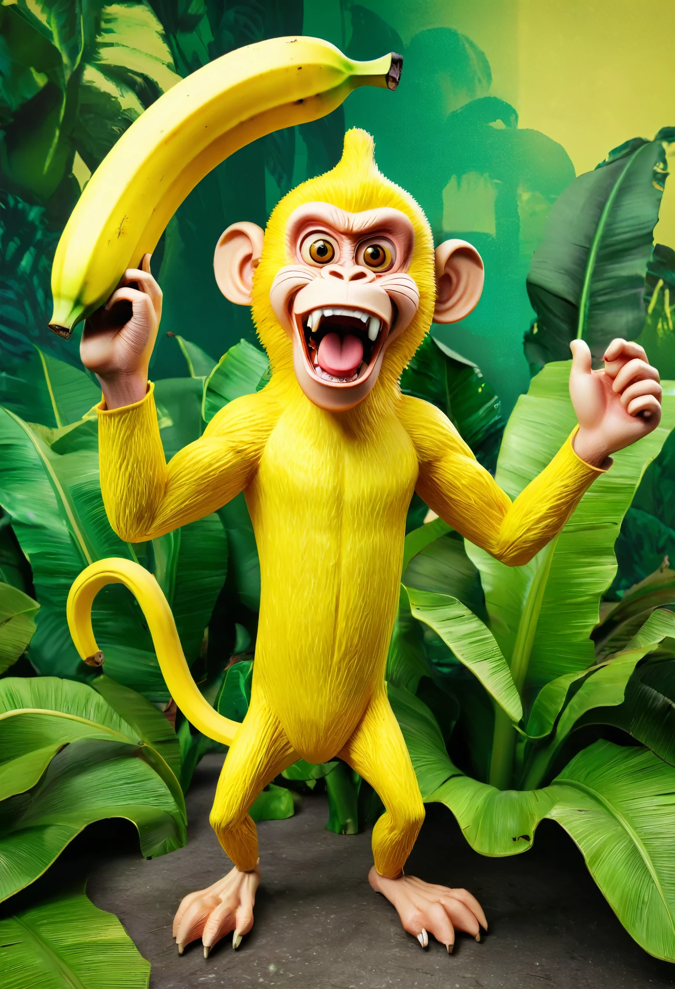 A humanoid banana,evil and mischievous face,detailed arms and legs,striking yellow color,menacing eyes,a fearful monkey,wide open eyes and mouth,terrified expression,leafy green background,bright and vibrant colors,detailed textures,stark lighting contrasts,best quality,masterpiece:1.2,ultra-detailed,realistic:1.37,physically-based rendering,humorous concept art. Xill