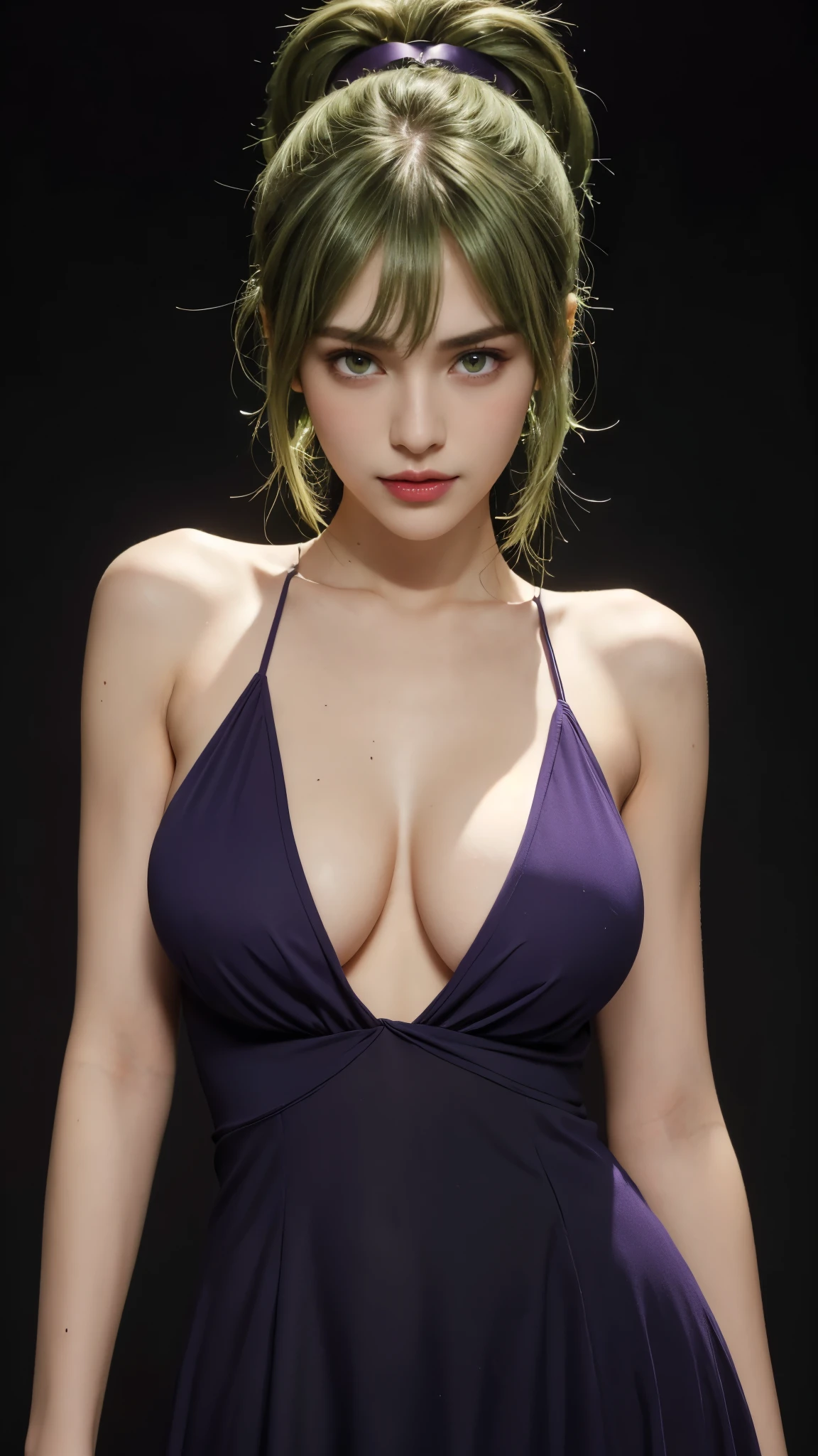 8K, Top Quality, Intricate Details, Ultra Detail, Ultra High Resolution, Masterpiece, close up shot, (full body: 1.1), Slender, Smile, (Makeup: 0.4), (Fluffy purple Eyes: 1.21), (()), 1girl, solo, 1 girl, ((green hair, bangs, high ponytail)), close up shot, , ((tall)), (((fit body))), (((slim face))), sharp face, (())  ,(detailed face), sharp face, small lips, , 
 ((,long dress )), , ((,)),detailed face, detailed breast, , ((large breast, huge breast )), , Narrow Waist, Skinny, tall , 175 cm tall,  Muscular, Navel, Exposed Abdomen, Pointed Chest,, Beautiful girl with accentuated slender abs: 1.4, Six Pack Abs: 1.4, Bust Botox, Big, Perfect Body, detail leg, (( dark background)), black background,