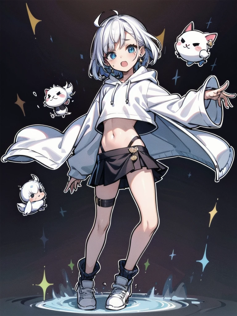 crop top, hoodie, mini skirt, absurdres, RAW photo, extremely delicate and beautiful, masterpiece, Best Quality, ultra high resolution, 32k, hyperrealistic, ultra-detailed, detailed description, pale skin, 20 years old, tearful mole, earring, short medium hair, wavy hair, full body shot,