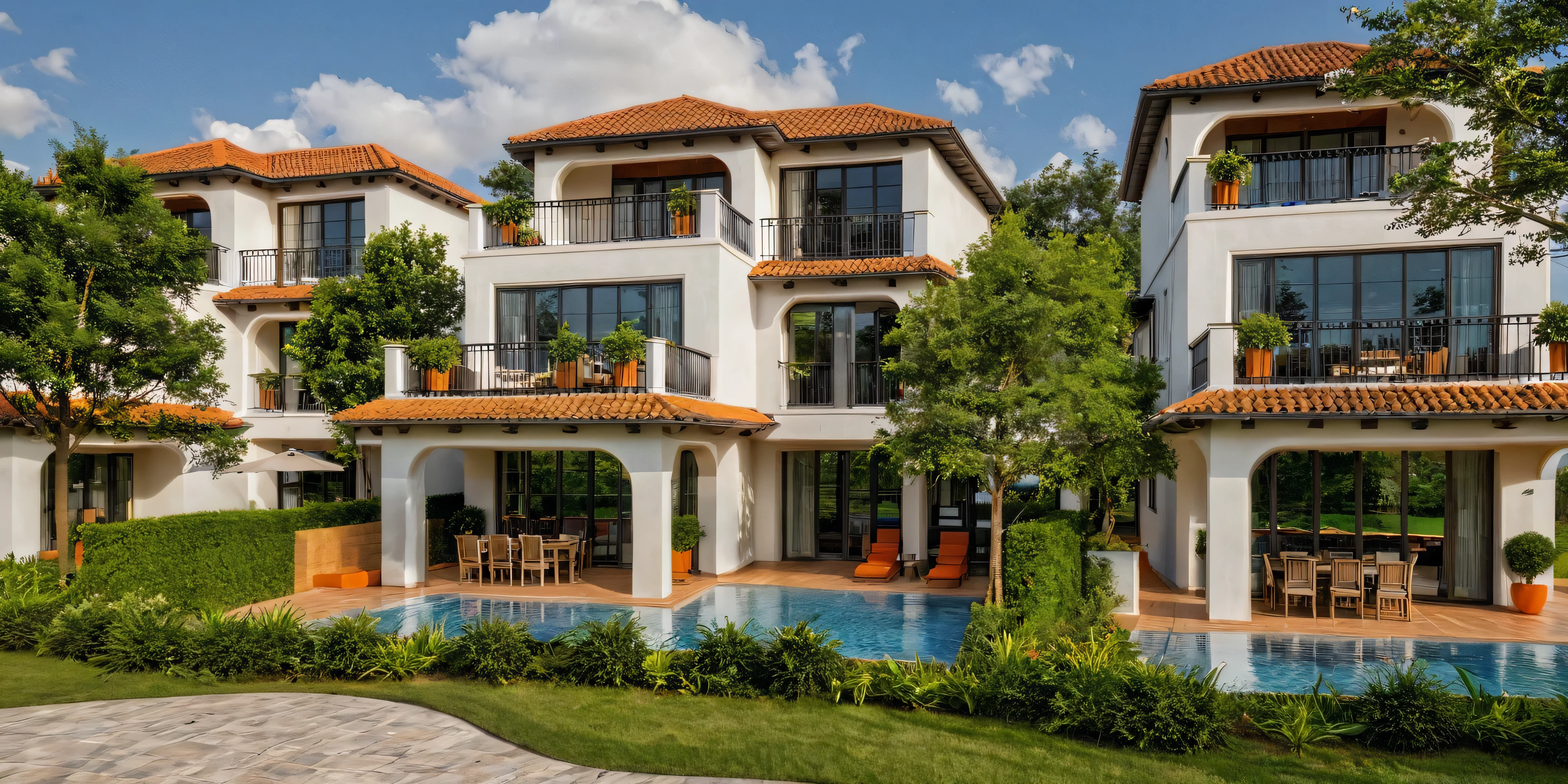 Masterpiece, high quality, best quality, authentic, super detail, outdoors, onestoreyvillaXL, aiaigroup, stairs, white wall , dark orange tile, art effect loft light wall, pool, grass, trees, sky, cloud, (daylight:1.1)
