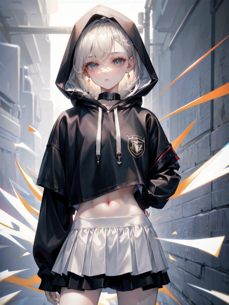 crop top, hoodie, mini skirt, absurdres, RAW photo, extremely delicate and beautiful, masterpiece, Best Quality, ultra high resolution, 32k, hyperrealistic, ultra-detailed, detailed description, pale skin, 20 years old, tearful mole, earring, short medium hair, wavy hair, full body shot,