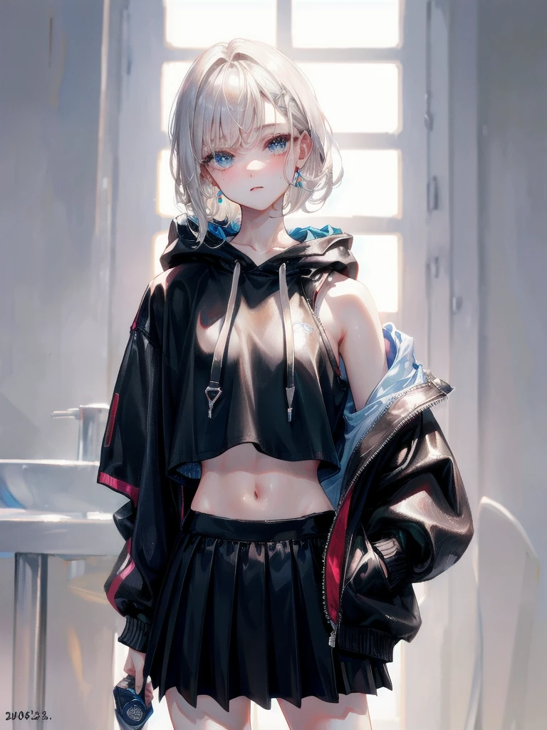 crop top, hoodie, mini skirt, absurdres, RAW photo, extremely delicate and beautiful, masterpiece, Best Quality, ultra high resolution, 32k, hyperrealistic, ultra-detailed, detailed description, pale skin, 20 years old, tearful mole, earring, short medium hair, wavy hair, full body shot,