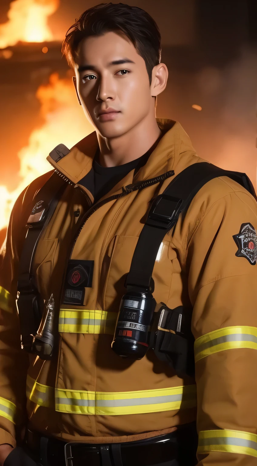 Firefighter Handsome Macho Fire scene Long Hair