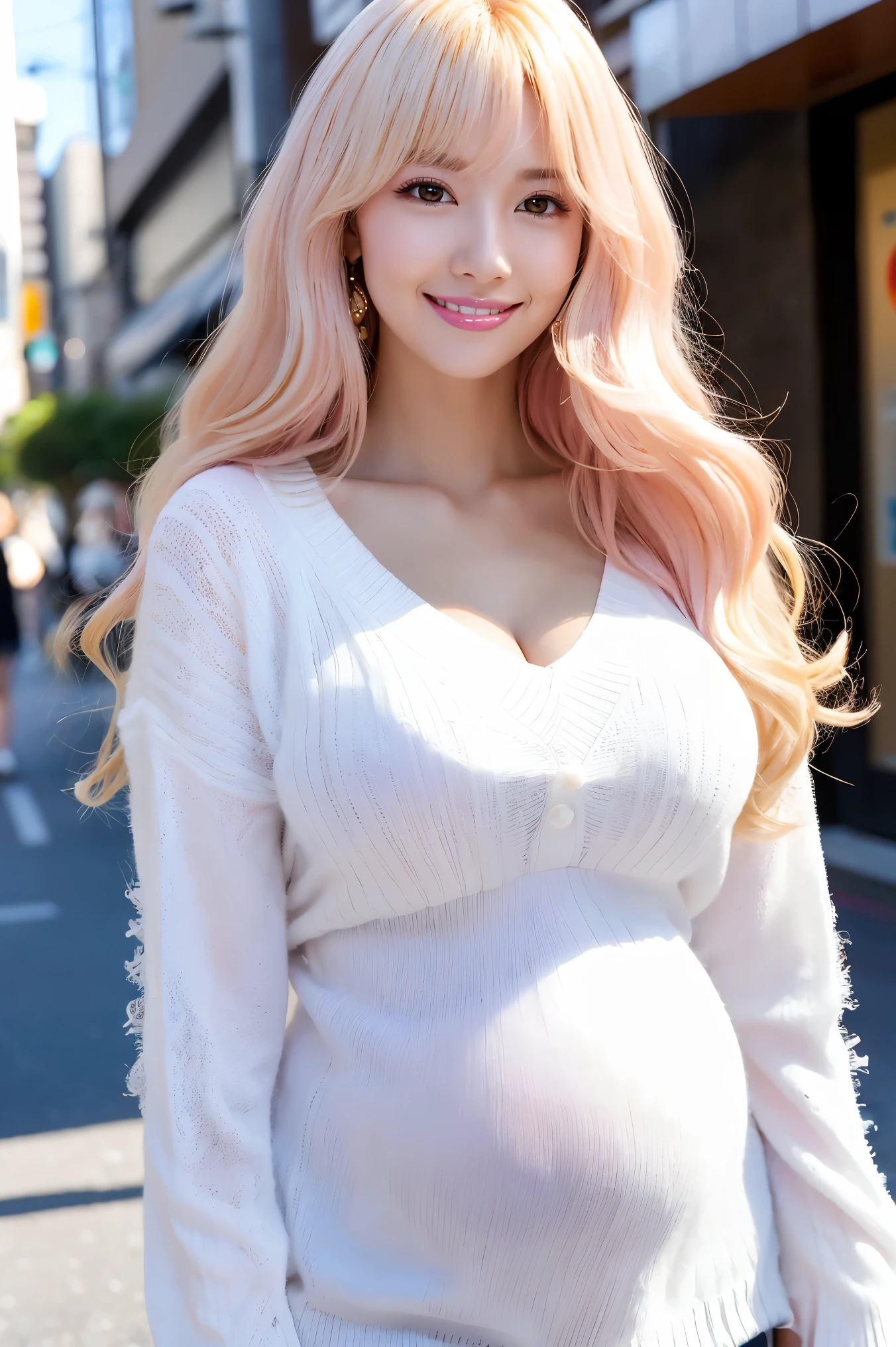 (Tabletop、highest quality、8k、Award-winning works、Ultra-high resolution)、One beautiful woman、(The perfect fluffy white V-neck long sleeve knit:1.3)、(golden and pink hair:1.2)、(bionde:1.2)、Bright color contacts、Perfect Makeup、Bright and shiny lipstick、(Very heavy makeup:1.1)、(Pink Eyeshadow:1.1)、Large Breasts、((huge pregnant))、(Voluptuous body:1.1)、Heavy makeup around the eyes、Very long wavy hair、The best smile you ever had when you saw me、(Accentuate your body lines:1.1)、(Strongly blurred vibrant Harajuku streetscape background:1.1)、(Strongly blurred background:1.1)、Accurate anatomy、Ultra HD Hair、(Ultra-high resolution for perfect, beautiful teeth:1.1)、Ultra-high definition beauty face、Ultra HD Hair、Ultra HD Shining Eyes、Shining, Ultra-high resolution beautiful skin、Ultra-high resolutionの艶やかな唇、Full-body photo of a person standing gracefully