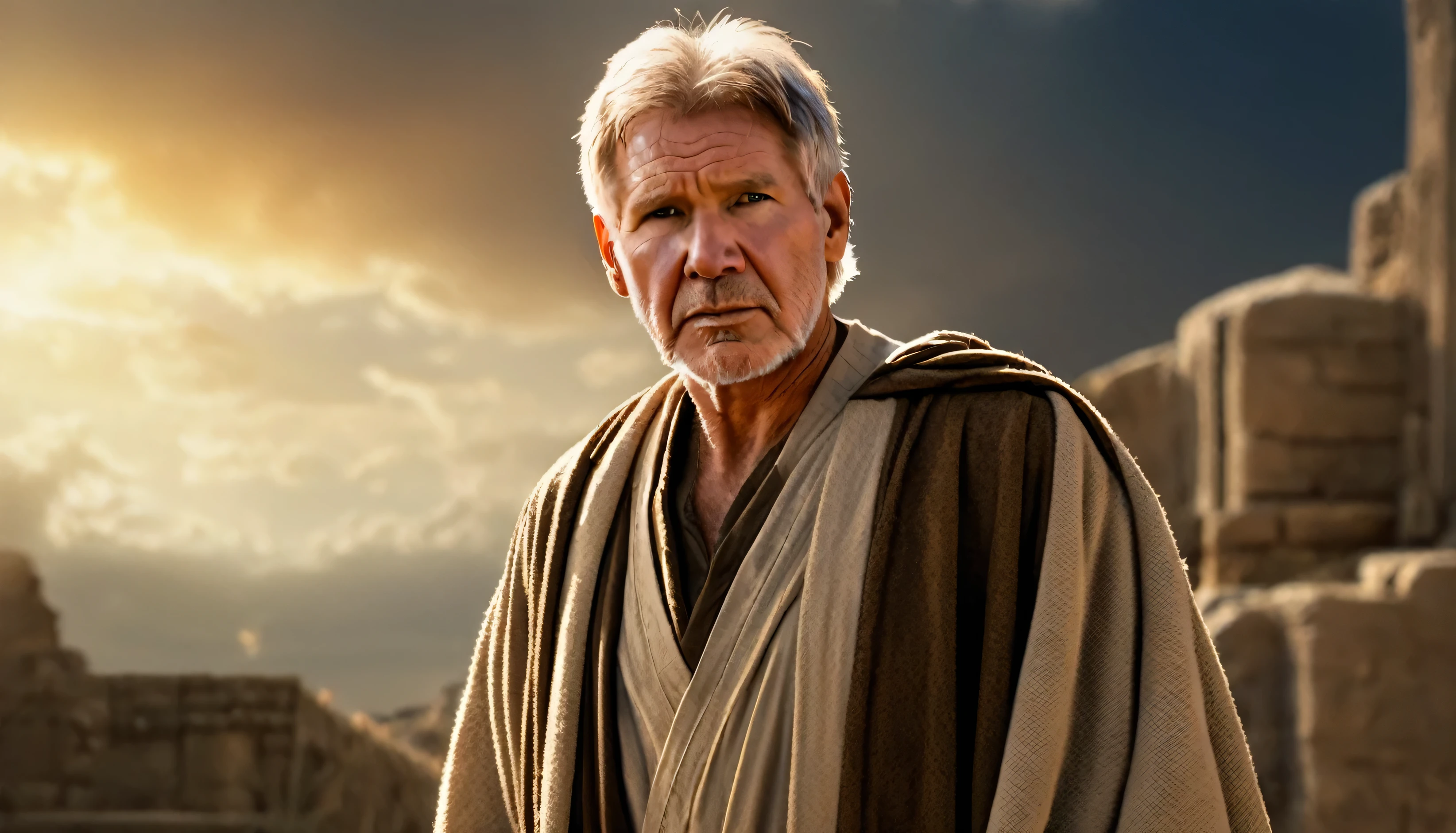 movie poster. highly detailed image, sharp focus, studio photography, xf iq 4, 1 5 0 mp, 5 0 mm, iso 2 0 0, 1/1 6 0 s, realistic, natural light, octane rendering, adobe lightroom, ruler thirds, symmetrical balance, layers of depth, polarizing filter, Based on the movie, the bible, a male character, with (Harrison Ford's face). ((With white beard)), dressed in light brown robes, a biblical prophet with ruins in the background, a sky with beautiful clouds (intricate details). Photorealistic image, maximum sharpness, 8k quality. (superior quality masterpiece).