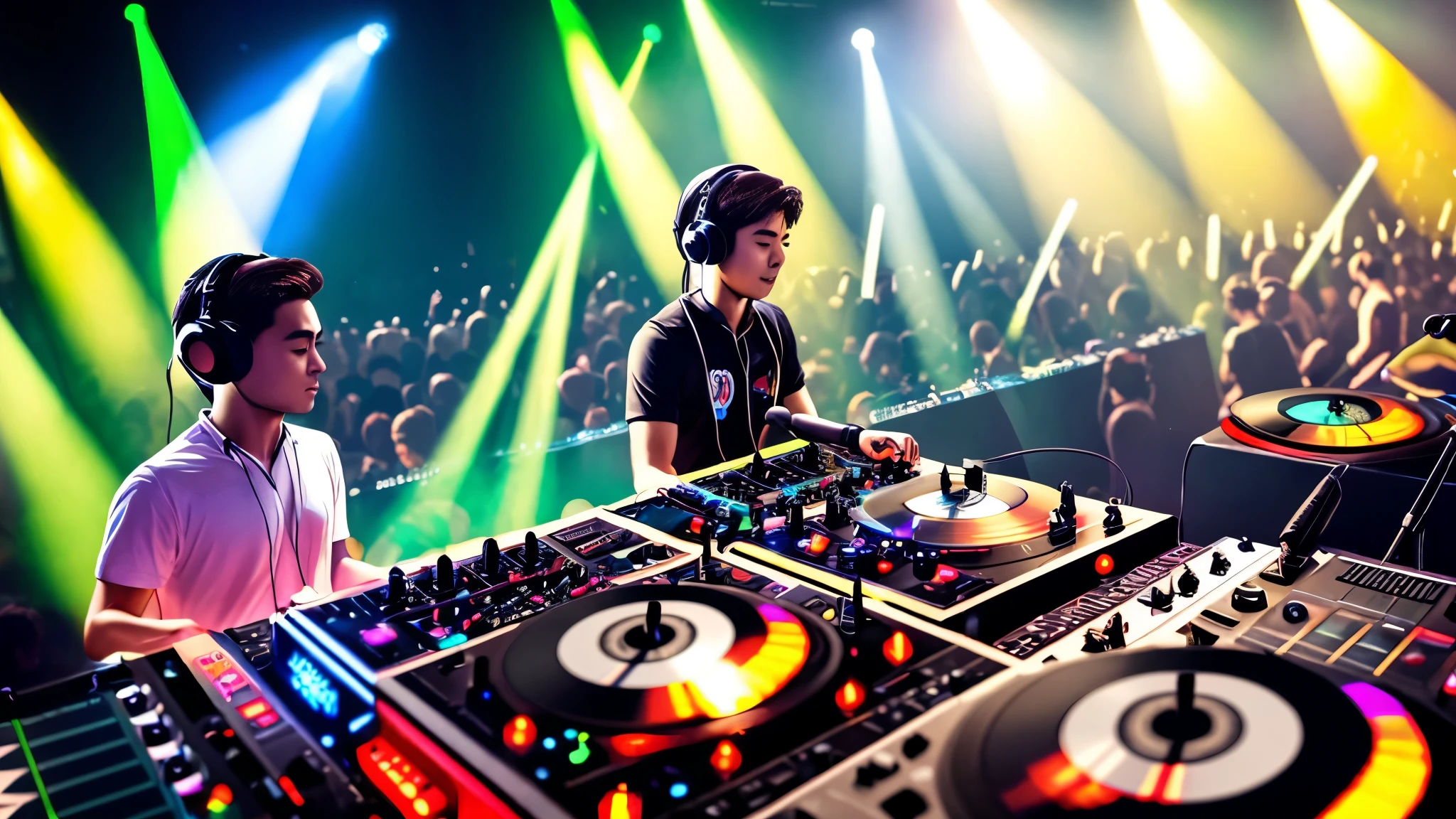 (highest quality)), ((Very detailed)), ((masterpiece)), photograph,(DJ and headphones and microphone:1.4), Vibrant performances (Music Festival:1.2) and (Lively crowd:1.1) and (Colorful stage lighting:1.1).