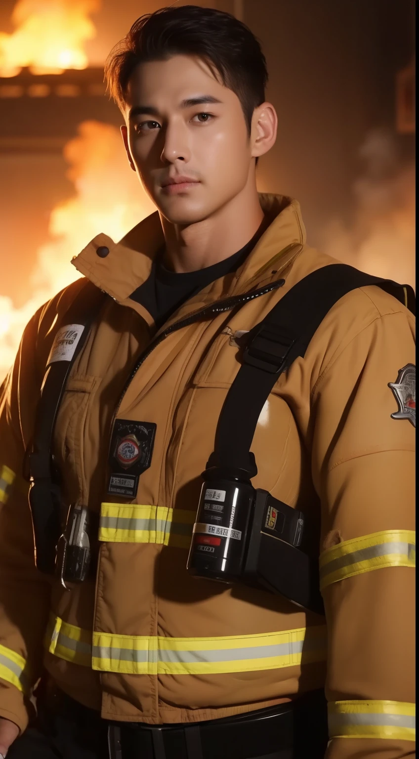 Firefighter　Handsome　Macho　Fire scene　Long Hair