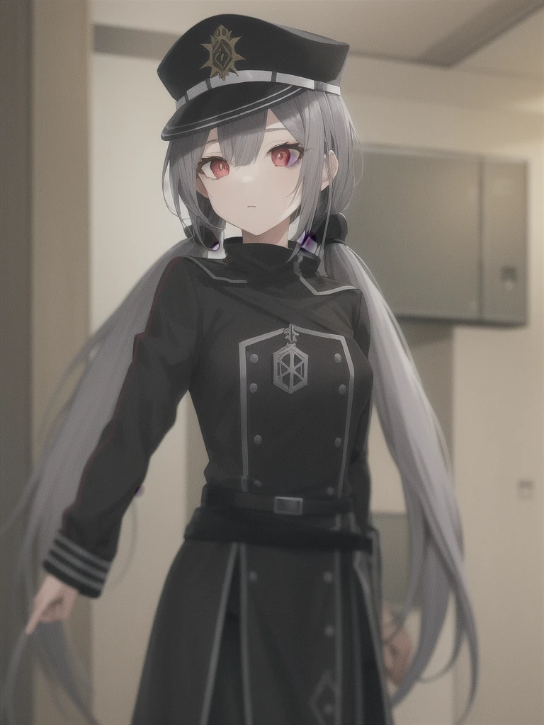 1girl, roze, red eyes, grey hair, , low twintails, long hair, black military uniform, peaked cap,
indoors, military base, 

