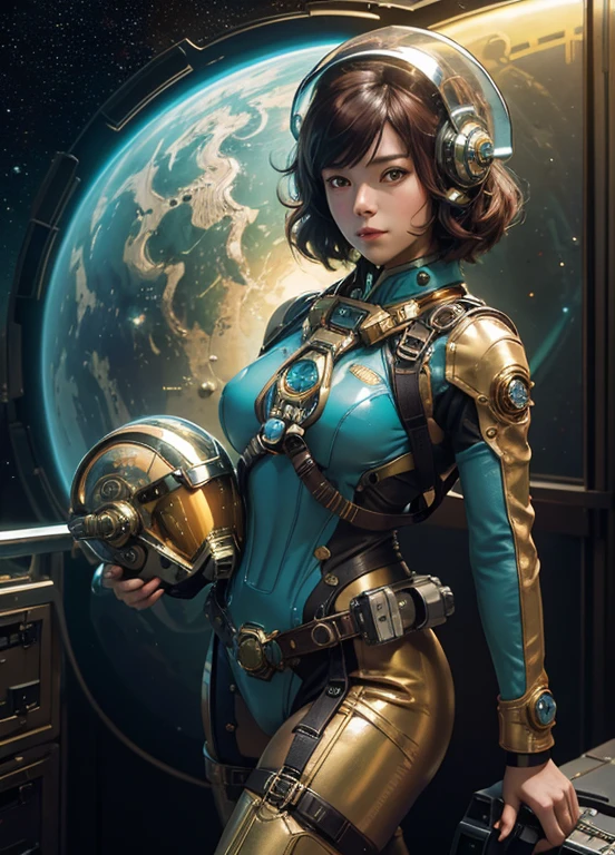 (masterpiece), imagine full body portrait of a seductive thai milf 65yo, elderly with detailed skin texture, supermodel, short hair, bangs, burgundy hair color, light green eyes, fine art lingerie fashion from the future, ((wearing a metal harness transparent golden turquoise (astronaut steampunk spacesuit))), ((helmet and sci fiore)), metal reflections)), sci fi space bodysuits, space artifacts, inspired by earl nolem, prophet graphic novel, 2070 science ad, scenery, shining, diamonds lights, deep dream, magnificent, astral currents, cosmic waves, retro futurism, kodak chrome, (toshi yoshida, gustav klimt), (boris vallejo and tom bagshaw), in a futuristic spaceship, backlighting, ultra detailed, nsfw, lora: kancolle kashima 10:0.8