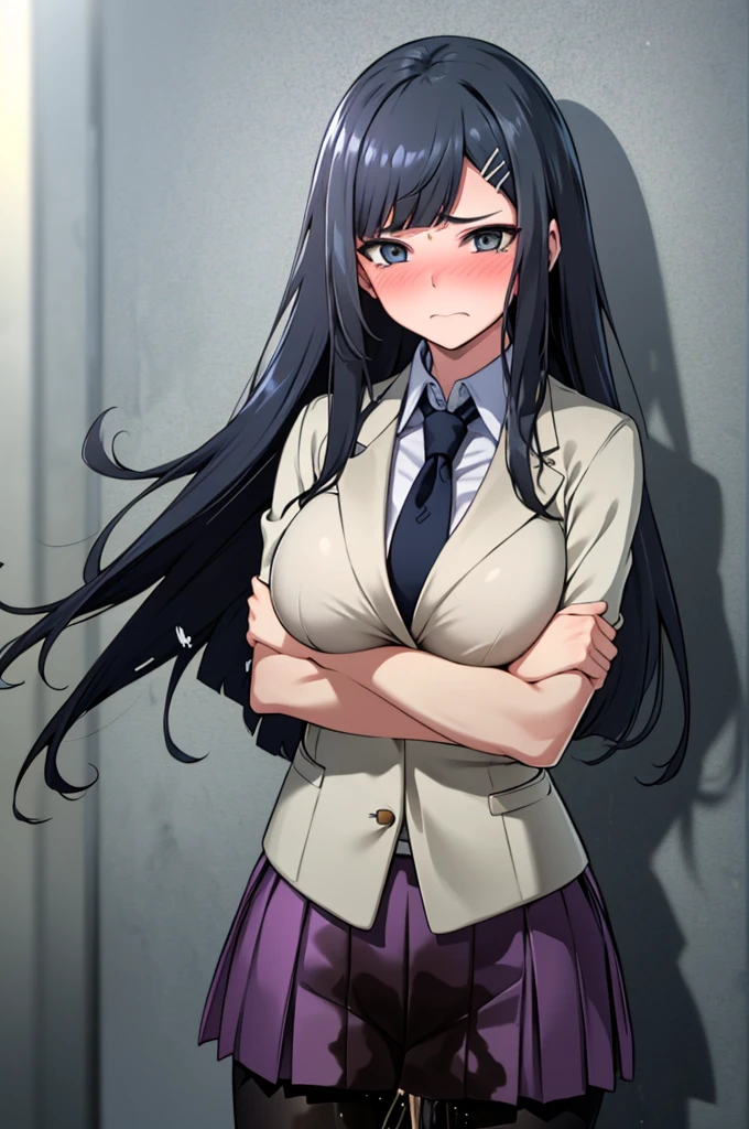A woman with very long black hair and (very long bangs:1.5), wearing a and skirt, blazer, pantyhose, standing. The artwork is inspired by manga and incorporates a doujin style. The woman appears to be (wetting herself:1.5), which causes her to feel embarrassed and humiliated, resulting in a blush on her face. In addition, there is an air of anger in her expression. The lighting in the scene is moody, with a spotlight highlighting the woman's figure. She is crossing her arms, (arms crossed:1.5), fully showcasing her skirt., large breasts