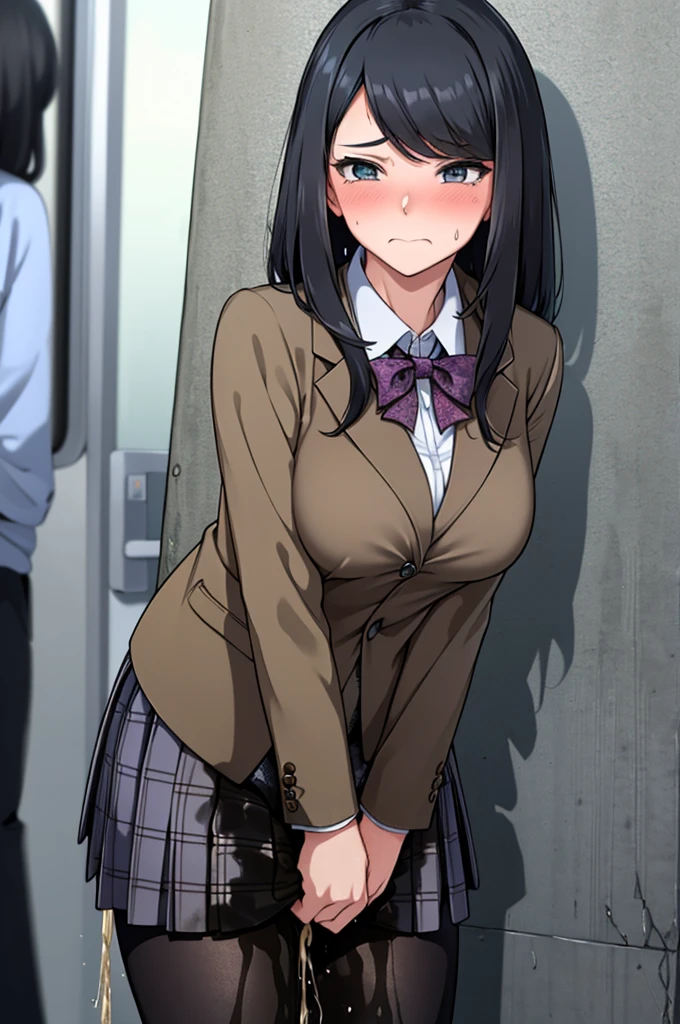 A woman with very long black hair and (very long bangs:1.5), wearing a  and skirt, blazer, pantyhose, standing. The artwork is inspired by manga and incorporates a doujin style. The woman appears to be (wetting herself:1.5), which causes her to feel embarrassed and humiliated, resulting in a blush on her face. In addition, there is an air of anger in her expression. The lighting in the scene is moody, with a spotlight highlighting the woman's figure. She is crossing her arms, (arms crossed:1.5), fully showcasing her skirt., large breasts