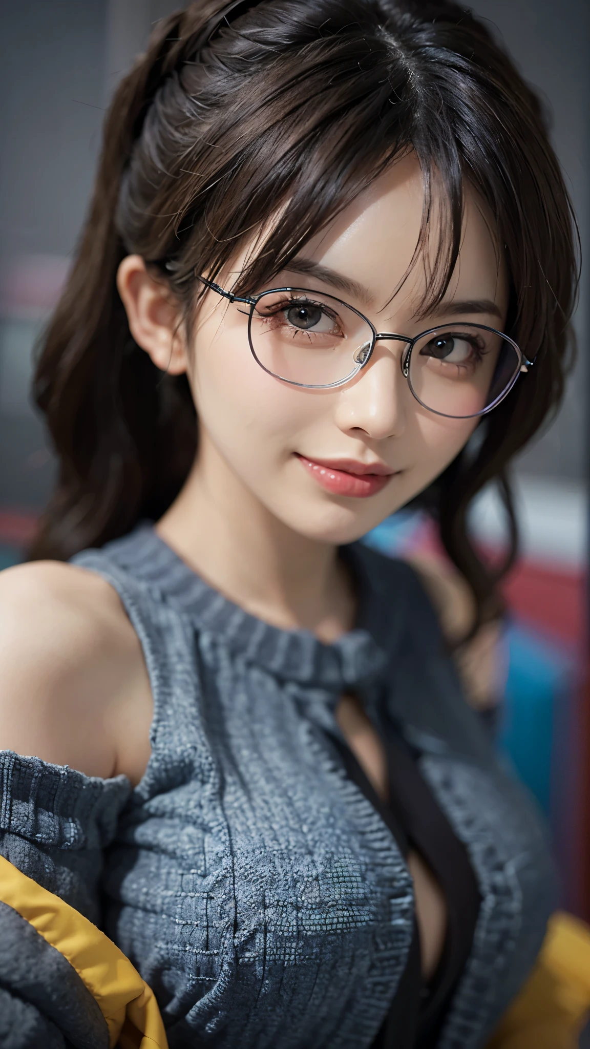 sunset, on the mountain, Korean woman, laugh, backlight, laugh, Korean woman, (big bust: 1.3), ultra high definition, Look deeply, open shoulder sweater, ripped jeans, round glasses, round glasses frame, cold face, (masterpiece, 8k, ultra high definition: 1.3)
