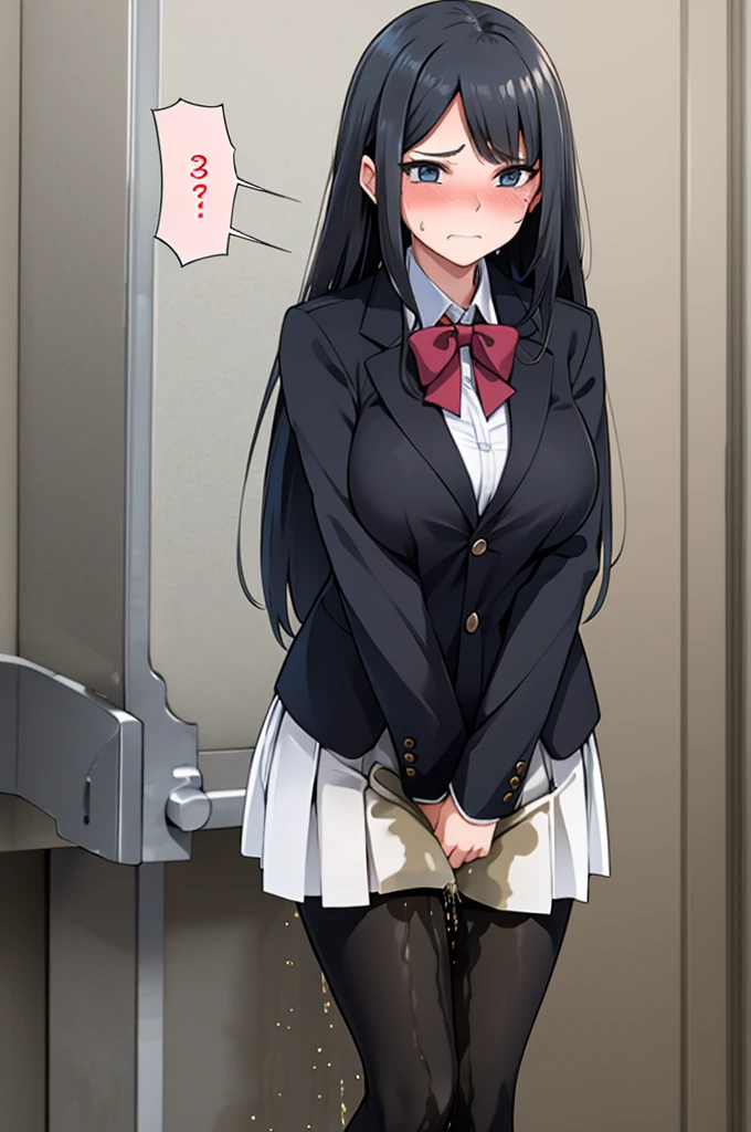 A woman with very long black hair and (very long bangs:1.5), wearing a  and skirt, blazer, pantyhose, standing. The artwork is inspired by manga and incorporates a doujin style. The woman appears to be (wetting herself:1.5), which causes her to feel embarrassed and humiliated, resulting in a blush on her face. In addition, there is an air of anger in her expression. The lighting in the scene is moody, with a spotlight highlighting the woman's figure. She is crossing her arms, (arms crossed:1.5), fully showcasing her skirt., large breasts