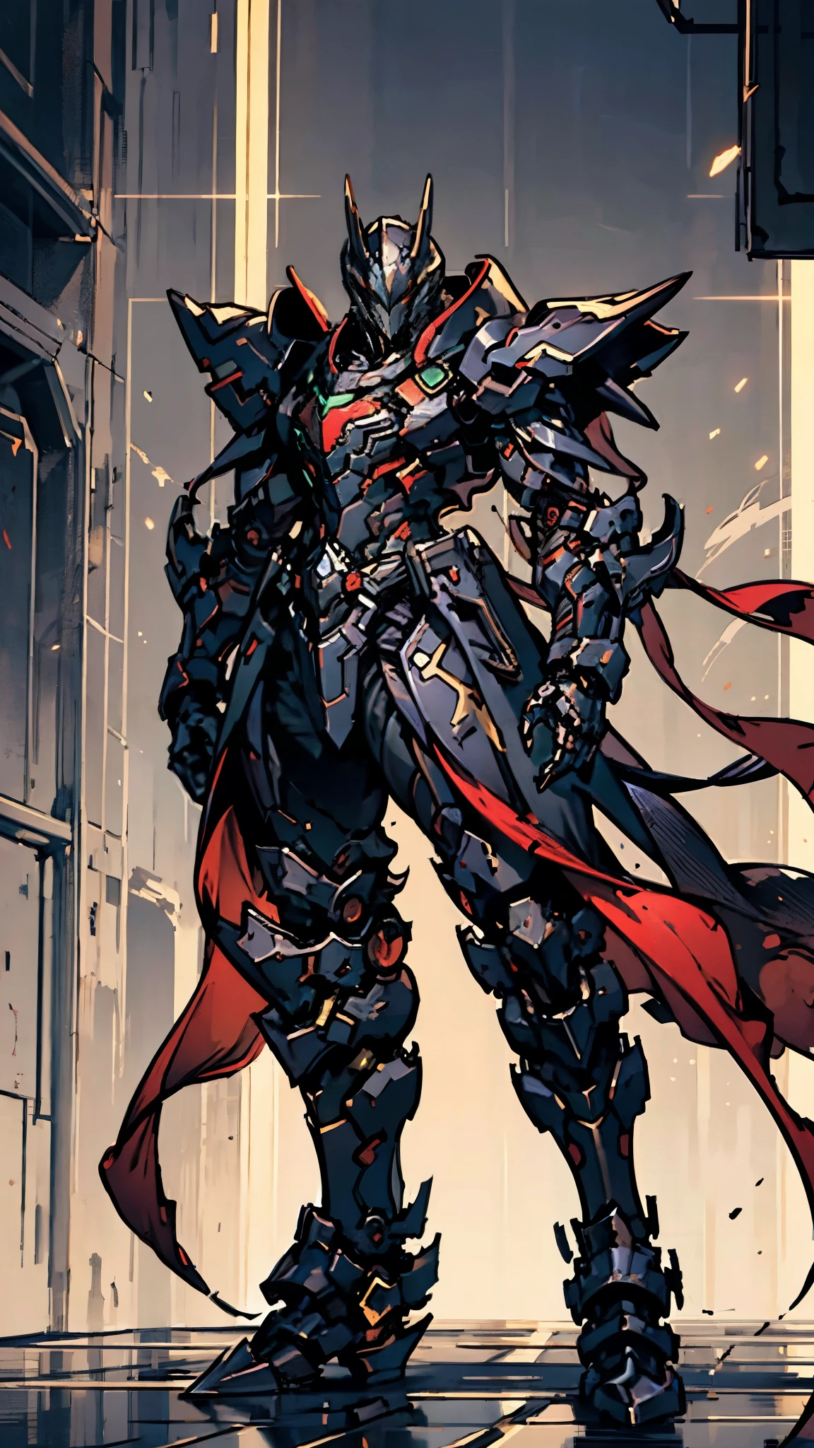 A man wearing a full-face helmet, a fantasy-style biotech armored combat suit, green eyes, (a composite layered chest armor), fully enclosed shoulder guards, matching arm and leg guards, the belt is adorned with fangs biting into orbs, (the color scheme is primarily black with red accents), the design balances heavy with agility, a high-tech bio-mecha armor, (Armor Concept Inspired by Bat, stand on the top of a skyscraper in a futuristic sci-fi city), this character embodies a finely crafted fantasy-surreal style armored hero in anime style, exquisite and mature manga art style, (element, plasma, energy, the armor glows), ((male:1.5)), metallic, real texture material, dramatic, high definition, best quality, highres, ultra-detailed, ultra-fine painting, extremely delicate, professional, perfect body proportions, golden ratio, anatomically correct, symmetrical face, extremely detailed eyes and face, high quality eyes, creativity, RAW photo, UHD, 32k, Natural light, cinematic lighting, masterpiece-anatomy-perfect, masterpiece:1.5