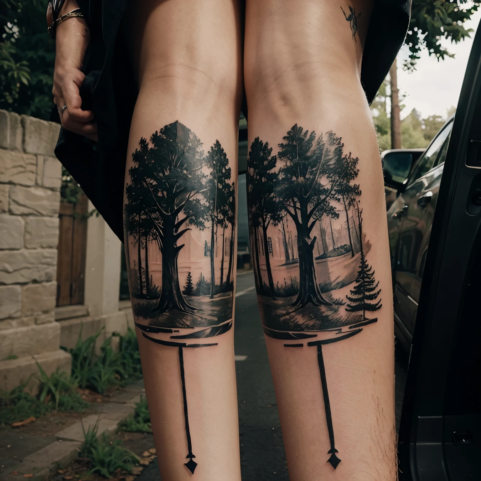 create a tattoo design with trees, un camino, un reloj y un auto 