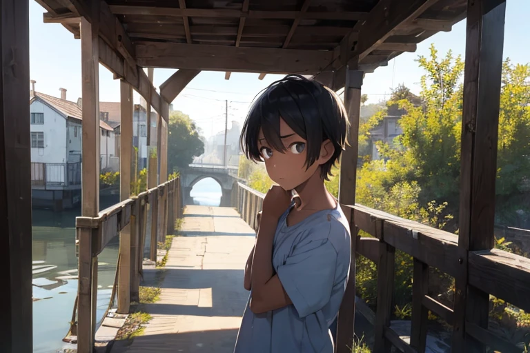 A family's neglected son stands depressed on a bridge in the afternoon