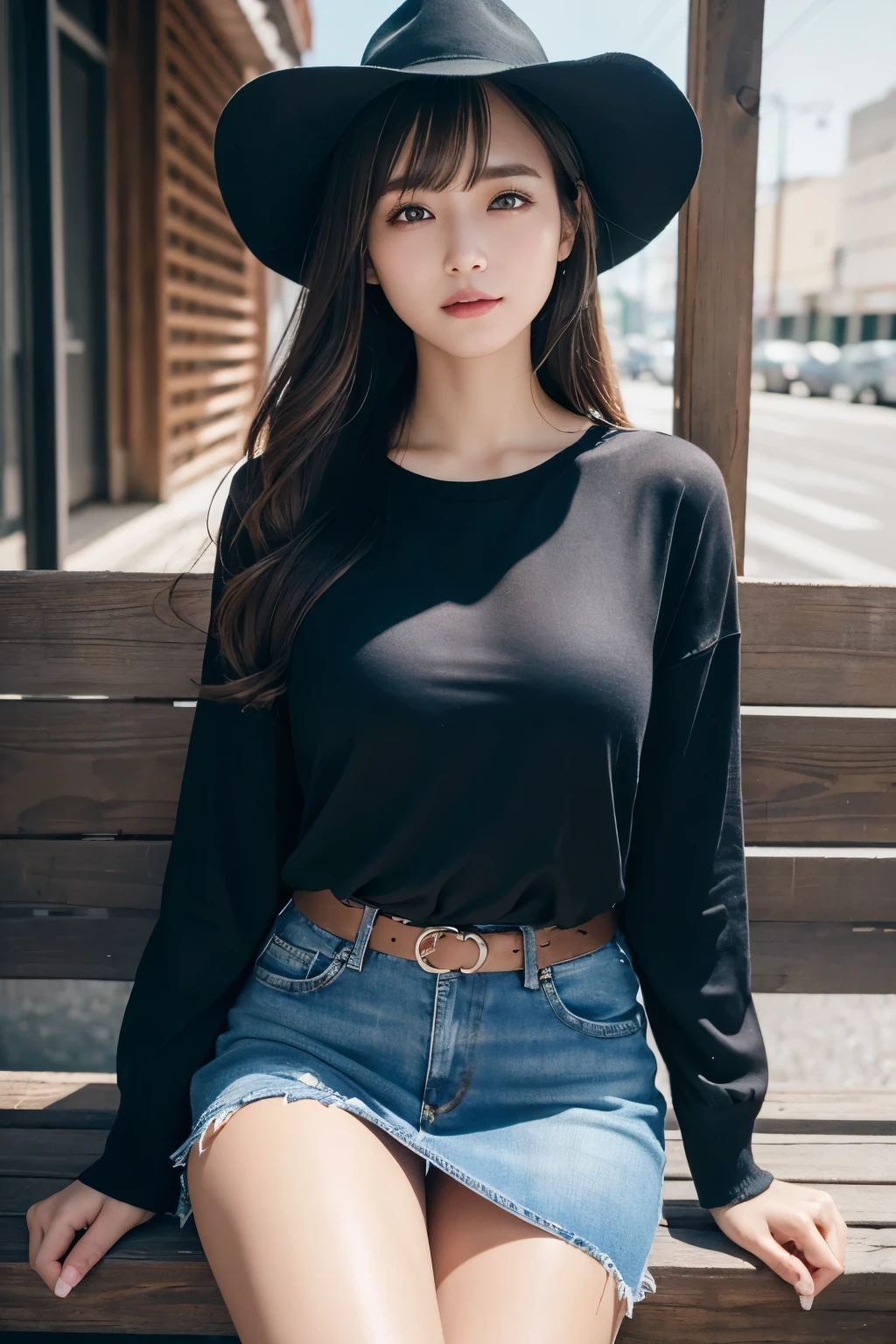 8K、masterpiece、Raw photo、highest quality、Photorealistic、High definition CG unity 8k wallpaper、Depth of written boundary、Cinematic Light、Lens flare、Ray Tracing、（Very beautiful face、Beautiful Lips）、Beautiful Eyes）、Faces with intricate details、 ((Super detailed skin)) 1 girl、smile、Black Back、Black Shadow、Knit shirt(Saggy breasts)、denim micro mini skirt、pantyhose(Real)、Brown hair long、(Iris 1.1)、Realな顔、On a bench to sit、Cowboy Shot、Unprotected lower body、Dramatic lighting、