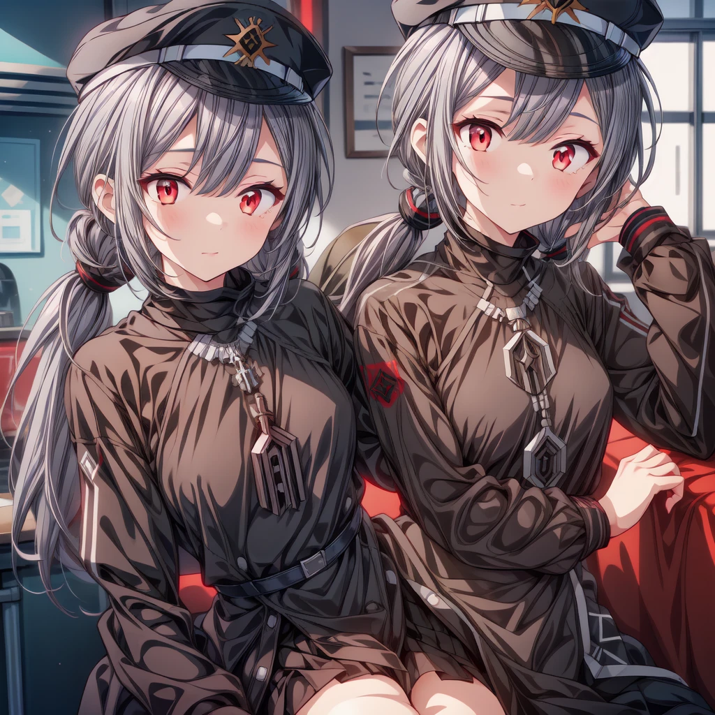 1girl, roze, red eyes, grey hair, , low twintails, long hair, black military uniform, peaked cap,
indoors, military base, 

