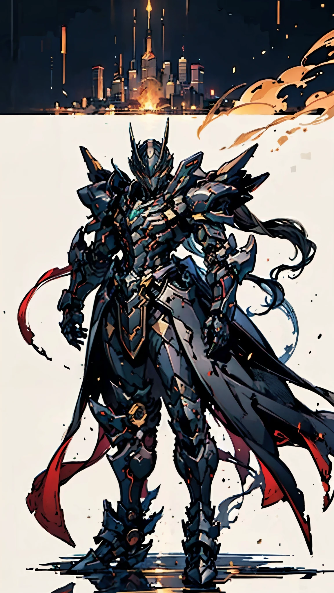 A man wearing a full-face helmet, a fantasy-style biotech armored combat suit, green eyes, (a composite layered chest armor), fully enclosed shoulder guards, matching arm and leg guards, the belt is adorned with fangs biting into orbs, (the color scheme is primarily black with red accents), the design balances heavy with agility, a high-tech bio-mecha armor, (Armor Concept Inspired by Bat, stand on the top of a skyscraper in a futuristic sci-fi city), this character embodies a finely crafted fantasy-surreal style armored hero in anime style, exquisite and mature manga art style, (element, plasma, energy, the armor glows), ((male:1.5)), metallic, real texture material, dramatic, high definition, best quality, highres, ultra-detailed, ultra-fine painting, extremely delicate, professional, perfect body proportions, golden ratio, anatomically correct, symmetrical face, extremely detailed eyes and face, high quality eyes, creativity, RAW photo, UHD, 32k, Natural light, cinematic lighting, masterpiece-anatomy-perfect, masterpiece:1.5