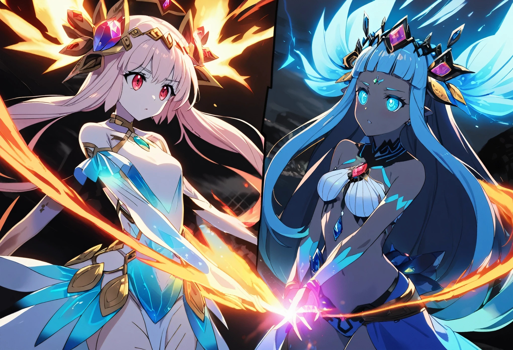 (2 subjects) (Subject 1: Cryptic girl in an action pose descending from the sky) and her companion (subject 2: a blue skinned water nymph, jewel adorned) combine their powers to fire an energy