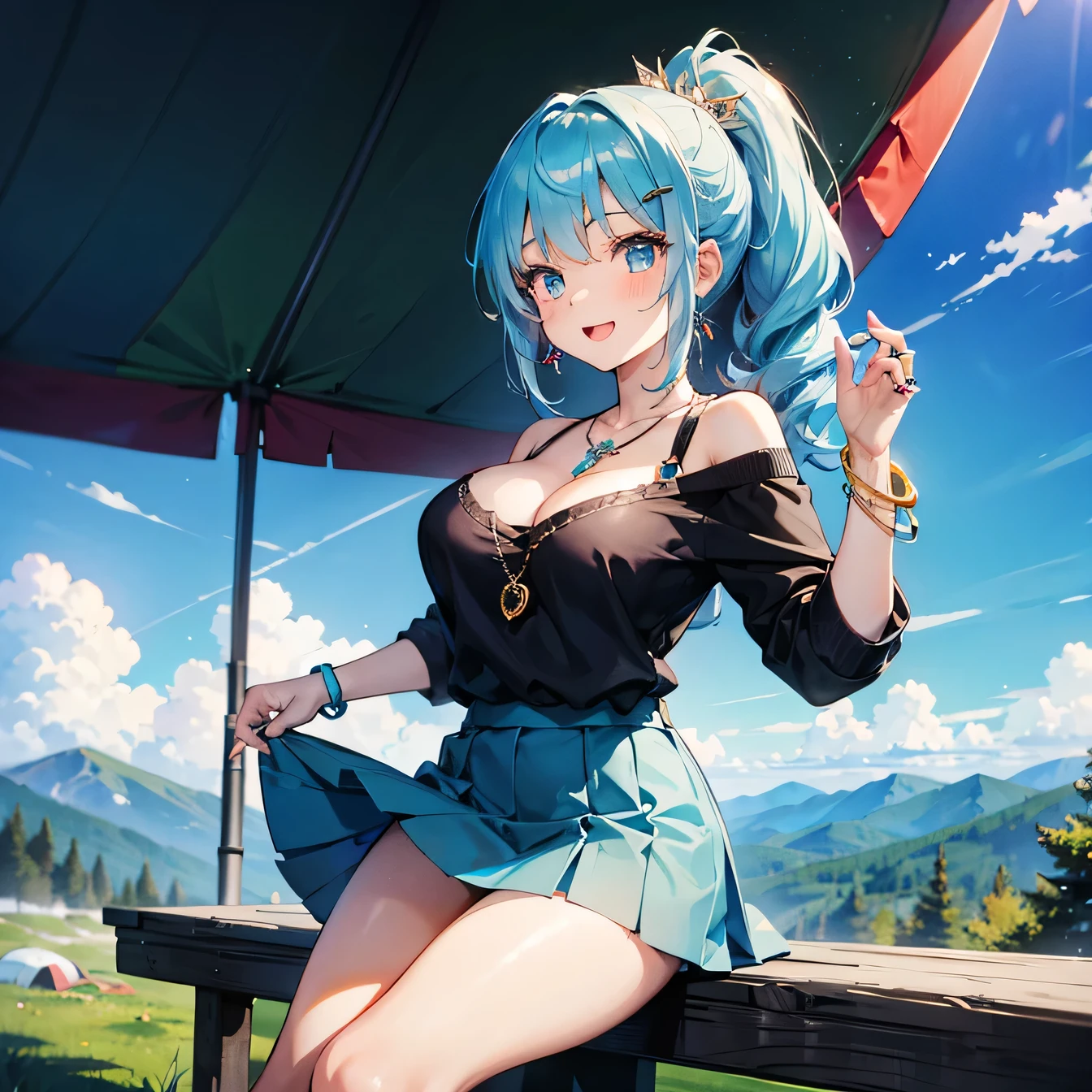 Anime Moe Art Style,highest quality,High resolution,Anatomically correct,One Girl,Mid-teens,A girl with light blue hair in a ponytail,Super detailed,Fantasy-style world,Off-the-shoulder tops,mini skirt,Big Breasts,A rich expression,Laughing with your mouth open,In the mountains,Camping,Eyes drawn in detail,hair ornaments,necklace,bracelet,ring,8K