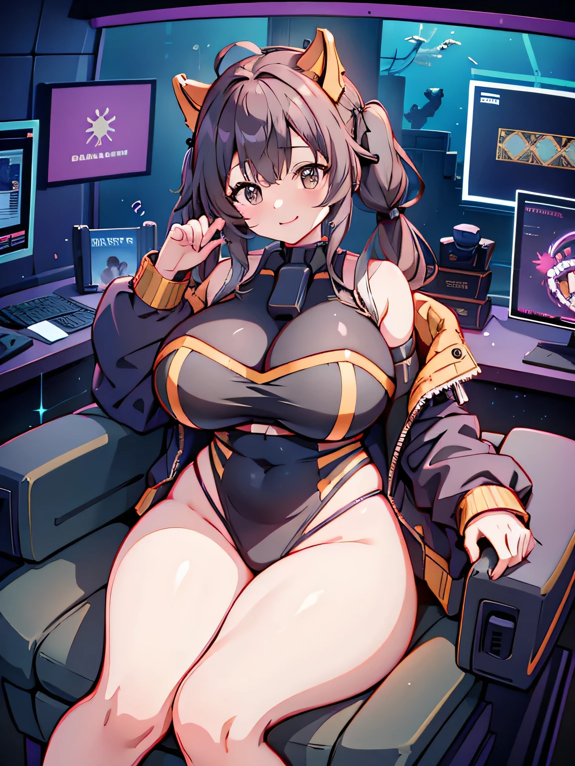 Anime illustration、highest quality、cyber punk、Cyberspace Hideout、Voluptuous female virtual YouTuber、Perfect proportions、Pigtails、Aquarium、Dragon Palace、Luxury、Gaming Chair、smile、Big Breasts、Thick thighs、Cowboy Shot、Leg spread