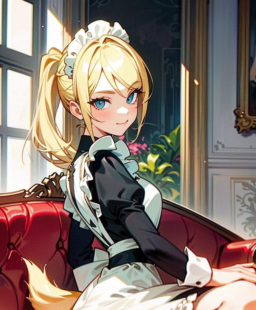 Maid,blonde,Double tail,Nice face,woman,Sofa in background,indoor