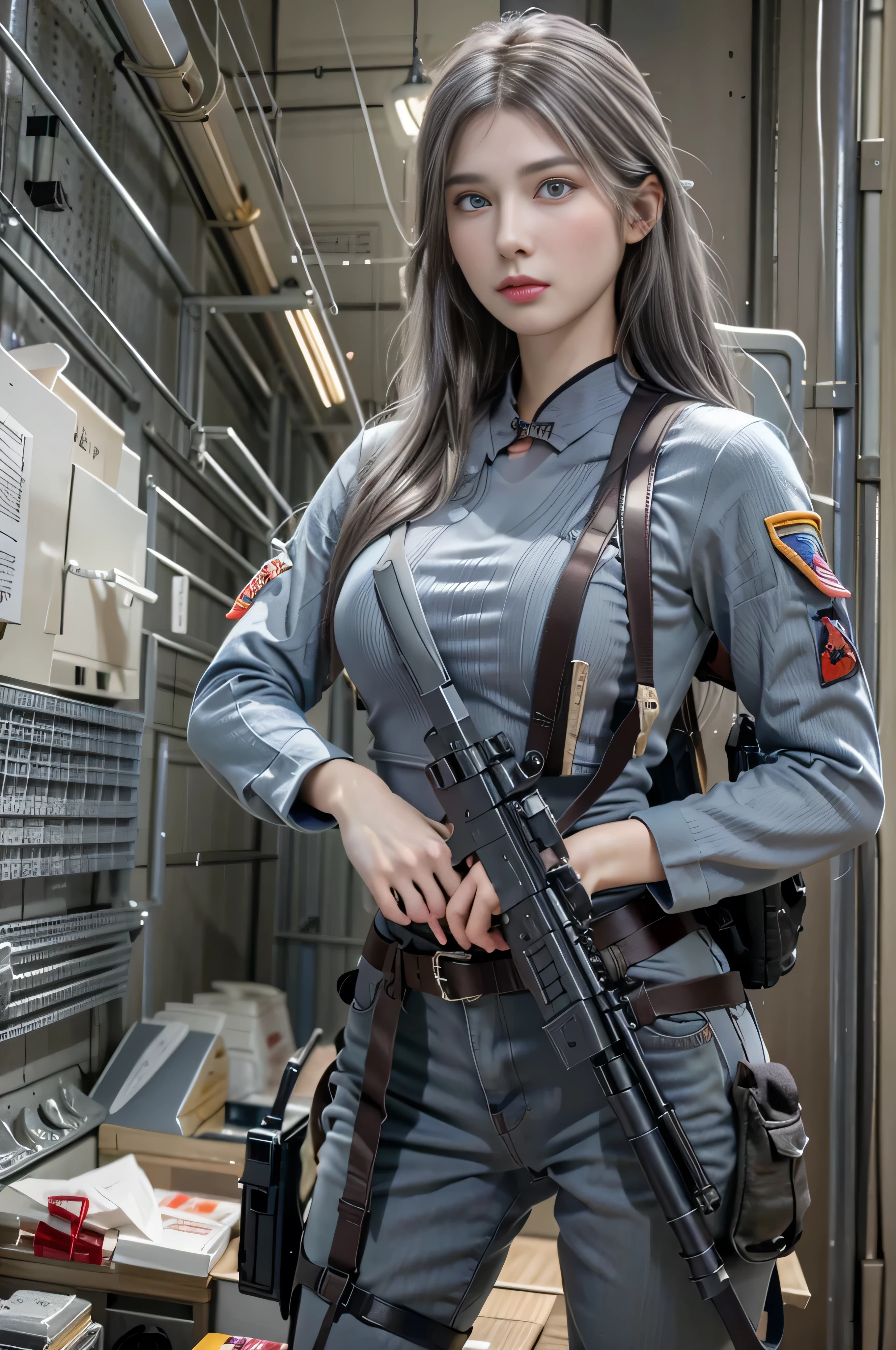(RAW quality:1.4), Realistic, High resolution, 1 female, 16 years old, alone, sexy, Hip Up, Beautiful Blue Eyes, (Detailed face), Tight light grey military bodysuit, Assault rifle, jewelry, Portraiture,