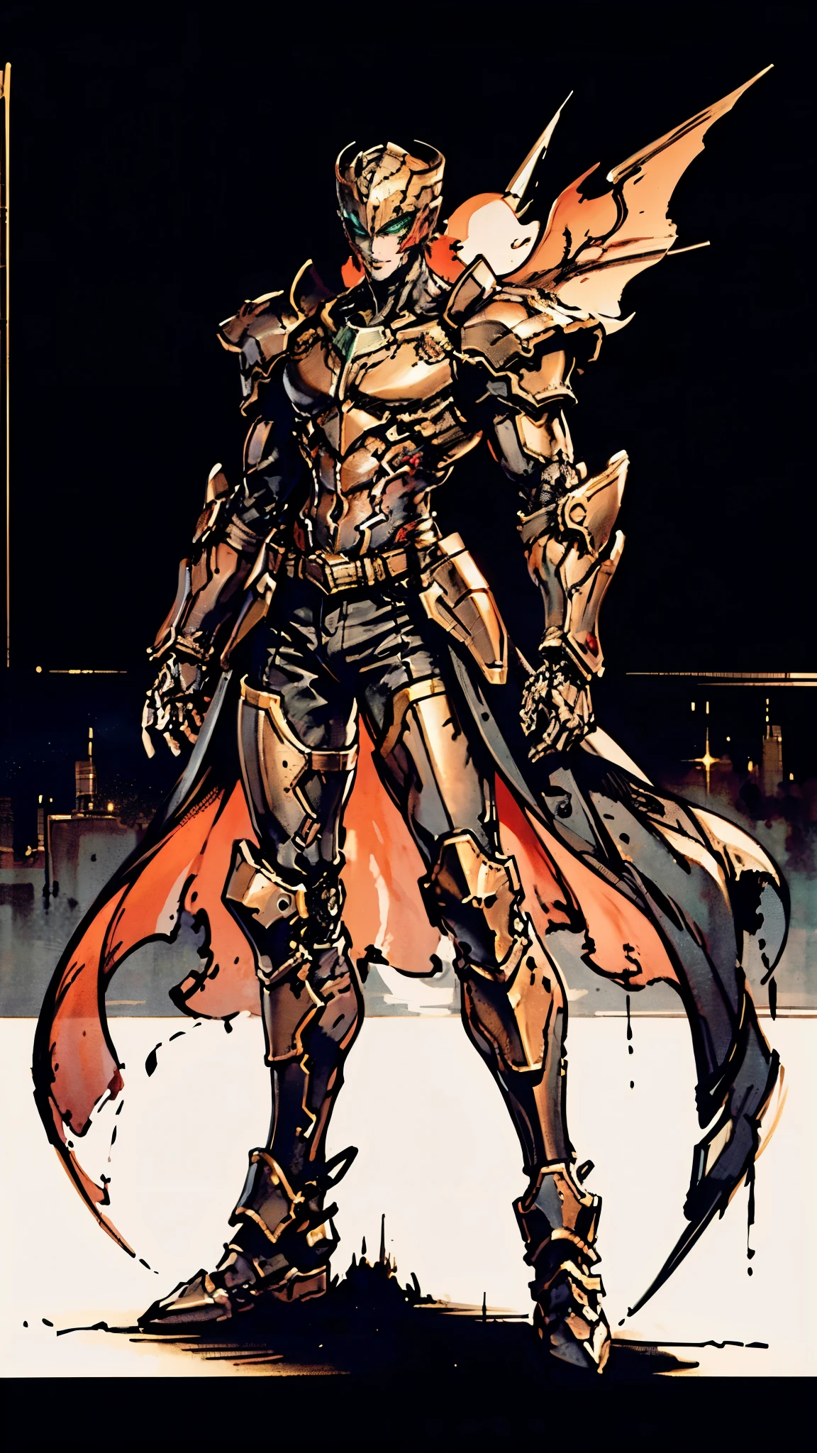 A man wearing a full-face helmet, a fantasy-style biotech armored combat suit, green eyes, (a composite layered chest armor), fully enclosed shoulder guards, matching arm and leg guards, the belt is adorned with fangs biting into orbs, (the color scheme is primarily black with red accents), the design balances heavy with agility, a high-tech bio-mecha armor, (Armor Concept Inspired by Bat, stand on the top of a skyscraper in a futuristic sci-fi city), this character embodies a finely crafted fantasy-surreal style armored hero in anime style, exquisite and mature manga art style, (element, plasma, energy, the armor glows), ((male:1.5)), metallic, real texture material, dramatic, high definition, best quality, highres, ultra-detailed, ultra-fine painting, extremely delicate, professional, perfect body proportions, golden ratio, anatomically correct, symmetrical face, extremely detailed eyes and face, high quality eyes, creativity, RAW photo, UHD, 32k, Natural light, cinematic lighting, masterpiece-anatomy-perfect, masterpiece:1.5