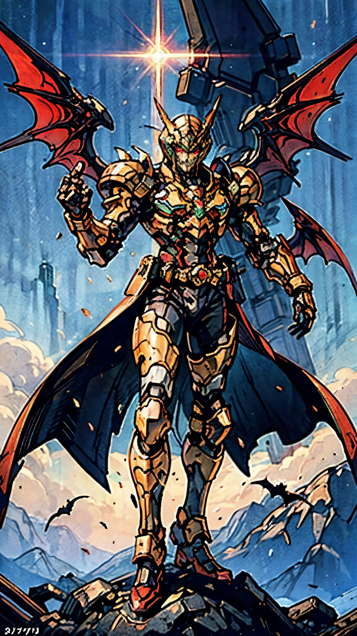 A man wearing a full-face helmet, a fantasy-style biotech armored combat suit, green eyes, (a composite layered chest armor), fully enclosed shoulder guards, matching arm and leg guards, the belt is adorned with fangs biting into orbs, (the color scheme is primarily black with red accents), the design balances heavy with agility, a high-tech bio-mecha armor, (Armor Concept Inspired by Bat, stand on the top of a skyscraper in a futuristic sci-fi city), this character embodies a finely crafted fantasy-surreal style armored hero in anime style, exquisite and mature manga art style, (element, plasma, energy, the armor glows), ((male:1.5)), metallic, real texture material, dramatic, high definition, best quality, highres, ultra-detailed, ultra-fine painting, extremely delicate, professional, perfect body proportions, golden ratio, anatomically correct, symmetrical face, extremely detailed eyes and face, high quality eyes, creativity, RAW photo, UHD, 32k, Natural light, cinematic lighting, masterpiece-anatomy-perfect, masterpiece:1.5